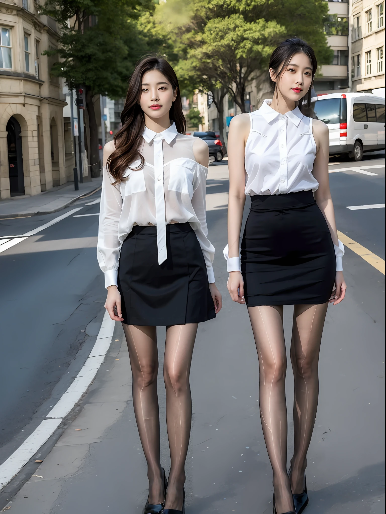 ,(RAW photo:1.2), (Photorealistic:1.4),Beautiful Meticulous Girl, very detailed eyes and faces, Beautiful detailed eyes, ultra - detailed, A high resolution, The is very detailed,best qualtiy,illustratio,unified,8k 壁纸,tmasterpiece,best qualtiy,Street 1 girl,Hosiery,a skirt,solo person,exteriors,long whitr hair,pencil skirts,high-heels,The shirt,looking at viewert,are standing,motorvehicle,full bodyesbian,Black tights,a black skirt,In the daytime,White color blouse,Black shoes,brown hair,Dewy shoulders,cparted lips,horse tailed,ascot