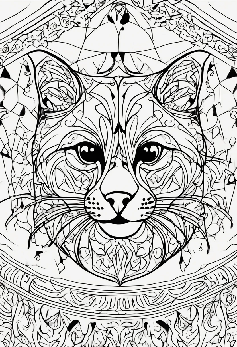 Black and white illustration with wavy lines and a children's coloring page-like appearance. o desenho deve conter um gato envolvido em mandalas, Make sure there is no noise and that the lines are thick and sharp like contour art, (((pose interagindo e se apoiando [em uma objeto|em algo no ambiente]))), Change the aspect ratio to 2:3 e foco em um quadro vertical da imagem."((full body):1.5). 16k, UHD, best possible quality, ((best possible detail):1), best possible resolution, Unreal Engine 5, professional photography, ((Batman)), perfect_hands, (perfeito:1.2)