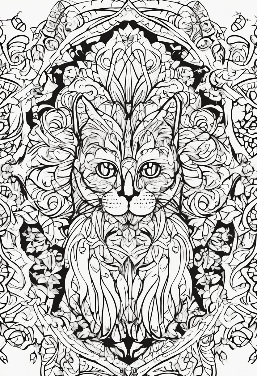 Black and white illustration with wavy lines and a children's coloring page-like appearance. o desenho deve conter um gato envolvido em mandalas, Make sure there is no noise and that the lines are thick and sharp like contour art, (((pose interagindo e se apoiando [em uma objeto|em algo no ambiente]))), Change the aspect ratio to 2:3 e foco em um quadro vertical da imagem."((full body):1.5). 16k, UHD, best possible quality, ((best possible detail):1), best possible resolution, Unreal Engine 5, professional photography, ((Batman)), perfect_hands, (perfeito:1.2)