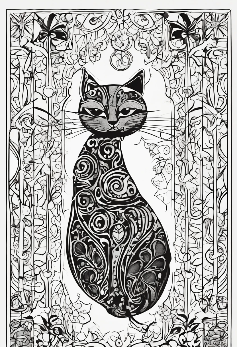 Black and white illustration with wavy lines and a children's coloring page-like appearance. o desenho deve conter um gato envolvido em mandalas, Make sure there is no noise and that the lines are thick and sharp like contour art, (((pose interagindo e se apoiando [em uma objeto|em algo no ambiente]))), Change the aspect ratio to 2:3 e foco em um quadro vertical da imagem."((full body):1.5). 16k, UHD, best possible quality, ((best possible detail):1), best possible resolution, Unreal Engine 5, professional photography, ((Batman)), perfect_hands, (perfeito:1.2)