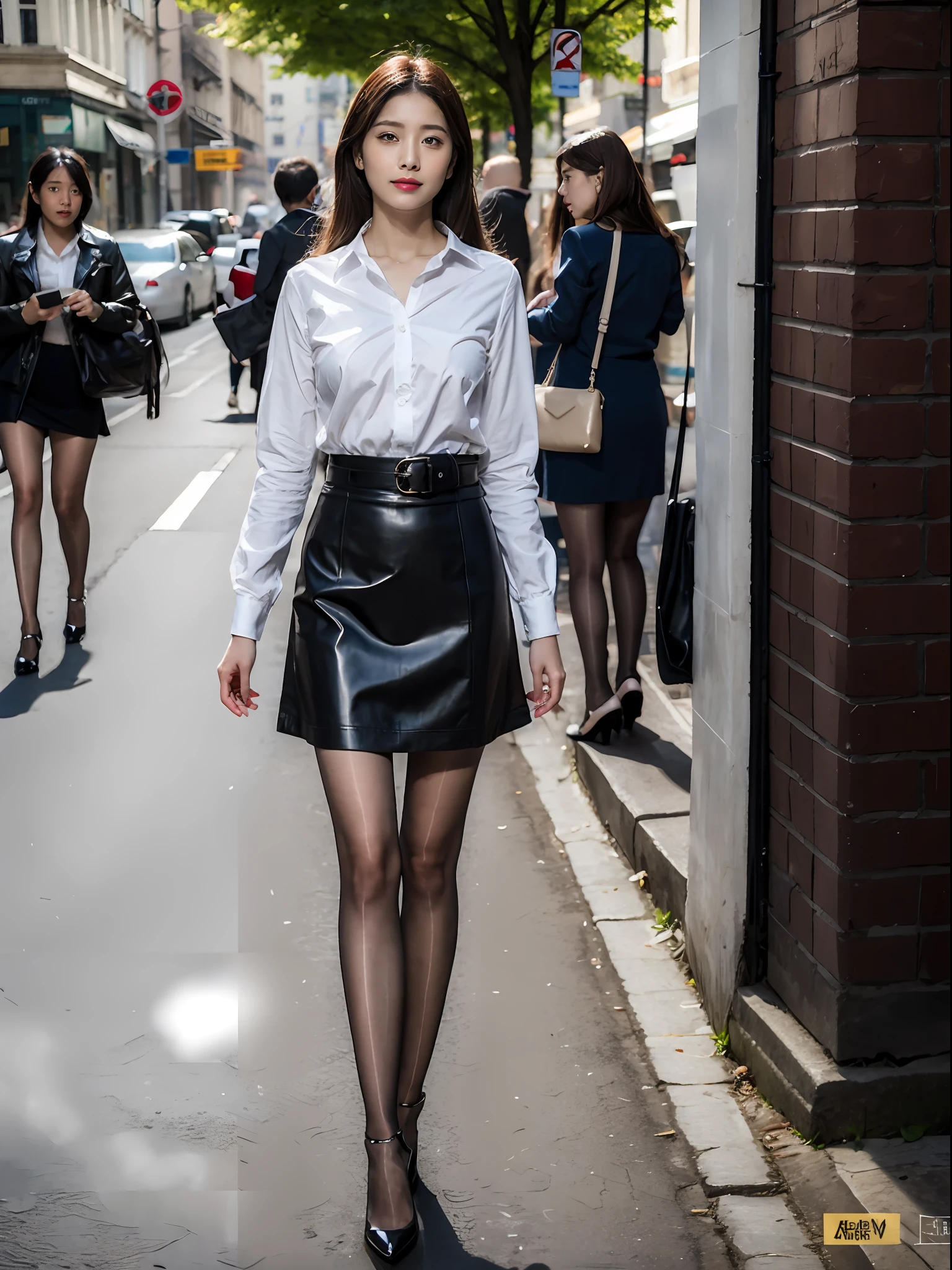 ,(RAW photo:1.2), (Photorealistic:1.4),Beautiful Meticulous Girl, very detailed eyes and faces, Beautiful detailed eyes, ultra - detailed, A high resolution, The is very detailed，best qualtiy，illustratio，unified，8k 壁纸，tmasterpiece，best qualtiy，Street 1 girl，Hosiery，a skirt，solo person，exteriors，long whitr hair，pencil skirts，high-heels，The shirt，looking at viewert，are standing，motorvehicle，full bodyesbian，Black tights，a black skirt，In the daytime，White color blouse，Black shoes，brown  hair，of shoulders，cparted lips，horse tailed，ascot