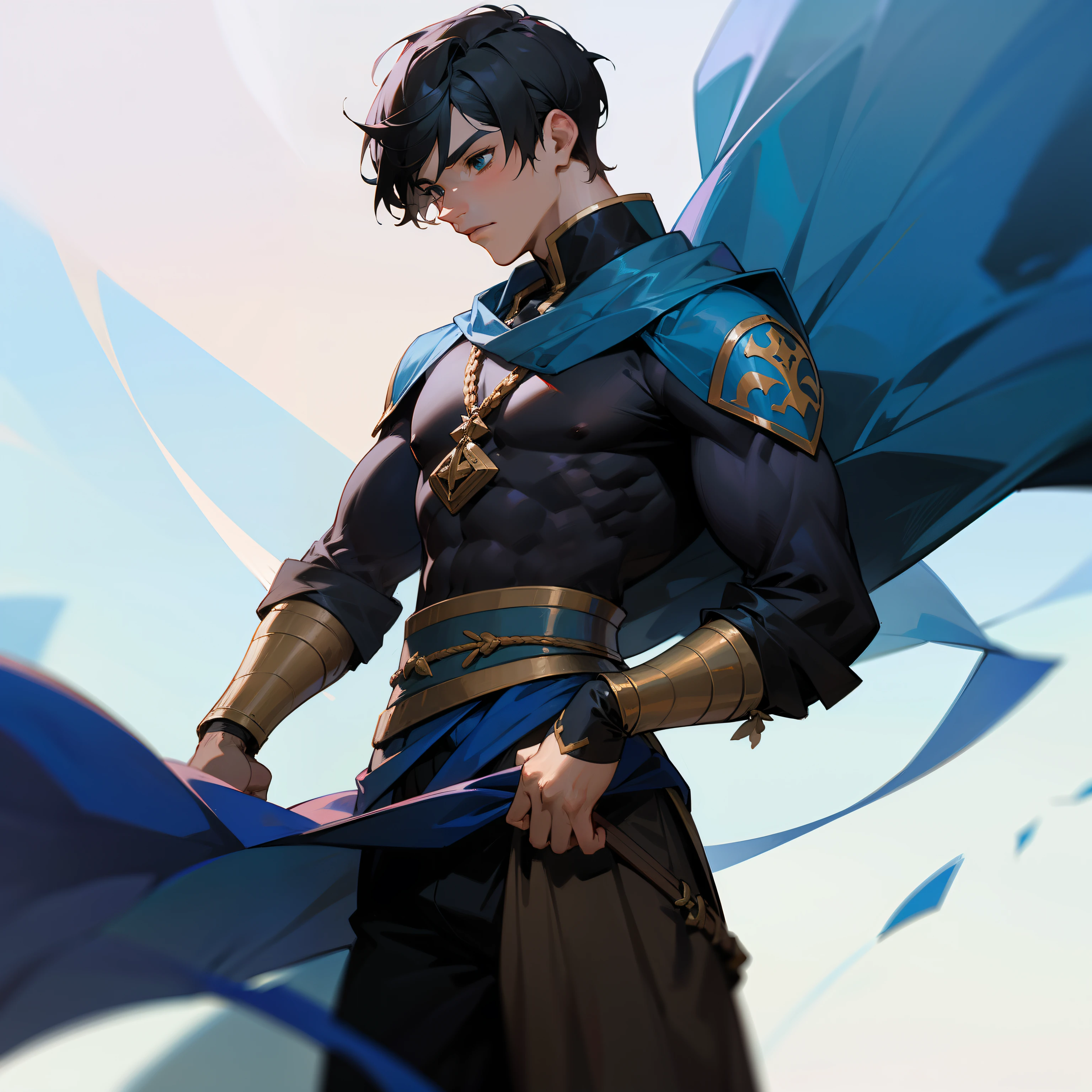 Personagem masculino jovem, olhos azuis, Young warrior prince, com roupas medievais, black gradient haircut, musculoso, fisicamente forte, Body Building Físico, Tom sombrio. Olhar arrogante.