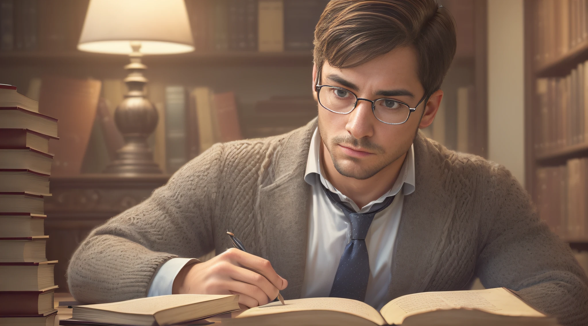 ((Photorealistic portrait:1.3), (Realistic+Highly detailed:1.4)) portrayal of a ((focused young man:1.3)|(diligent student:1.3)) deeply engrossed in his studies, ((Academic dedication:1.3)|(Serious concentration)), ((Close-up of the studious man absorbed in his books)|(Focused on the intricate details of his determined expression)), ((Inspired by photographic realism and the pursuit of knowledge)|(Influences from classic academic art and realism)), ((High-resolution portrait:1.3), (Intricate details of the studious man and his books:1.4)), (Soft, natural lighting highlighting the intensity of his concentration:1.2), ((Subtle play of light and shadows on his face and the pages of his books:1.2)|(Realistic portrayal of the academic dedication and concentration)), ((Authentic depiction of the man's unwavering focus on his studies)|(Capture of the essence of deep concentration in the portrait)), (((Professional scene setup:1.3) for capturing the studious atmosphere)), ((Artistic exploration of dedication to learning, concentration, and realism:1.2)), (Realistic photographic portrait of a man focused on studies:1.3)