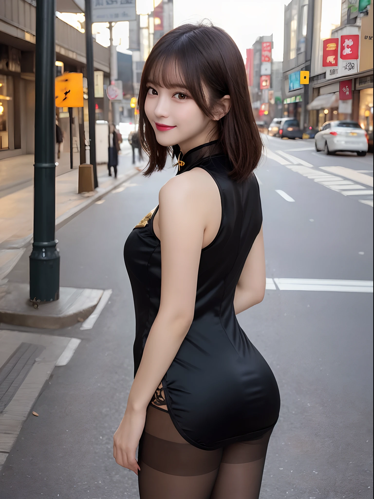masutepiece、Best Quality、Illustration、 ultra-detailliert、hight resolution、8K Wallpapers、Perfect dynamic composition,、Beautiful detailed eyes、(Beautiful Large Breasts:1.3)、Natural Color Lip、Bold sexy poses、Smile、Harajuku、20 years girl、Cute、Sexy shot looking at camera、(top-quality:1.3)、(masterpiece:1.3)、(Ultra Detail 1.3)、(one girls:1.1)、(Detailed hands and fingers:1.2)、(Detailed ultra-oily shiny skin:1.1)、oily shiny thighhigh、(Perfect and beautiful black cheongsam:1.4)、Cheongsam with golden pattern、(Brown pantyhose:1.3)、Chinatown、(A dark-haired:1.3)、short-hair、bobhair、(Beautiful Large Breasts:1.3)、Beautiful sister、is standing、(Rear view:1.2)、sexypose