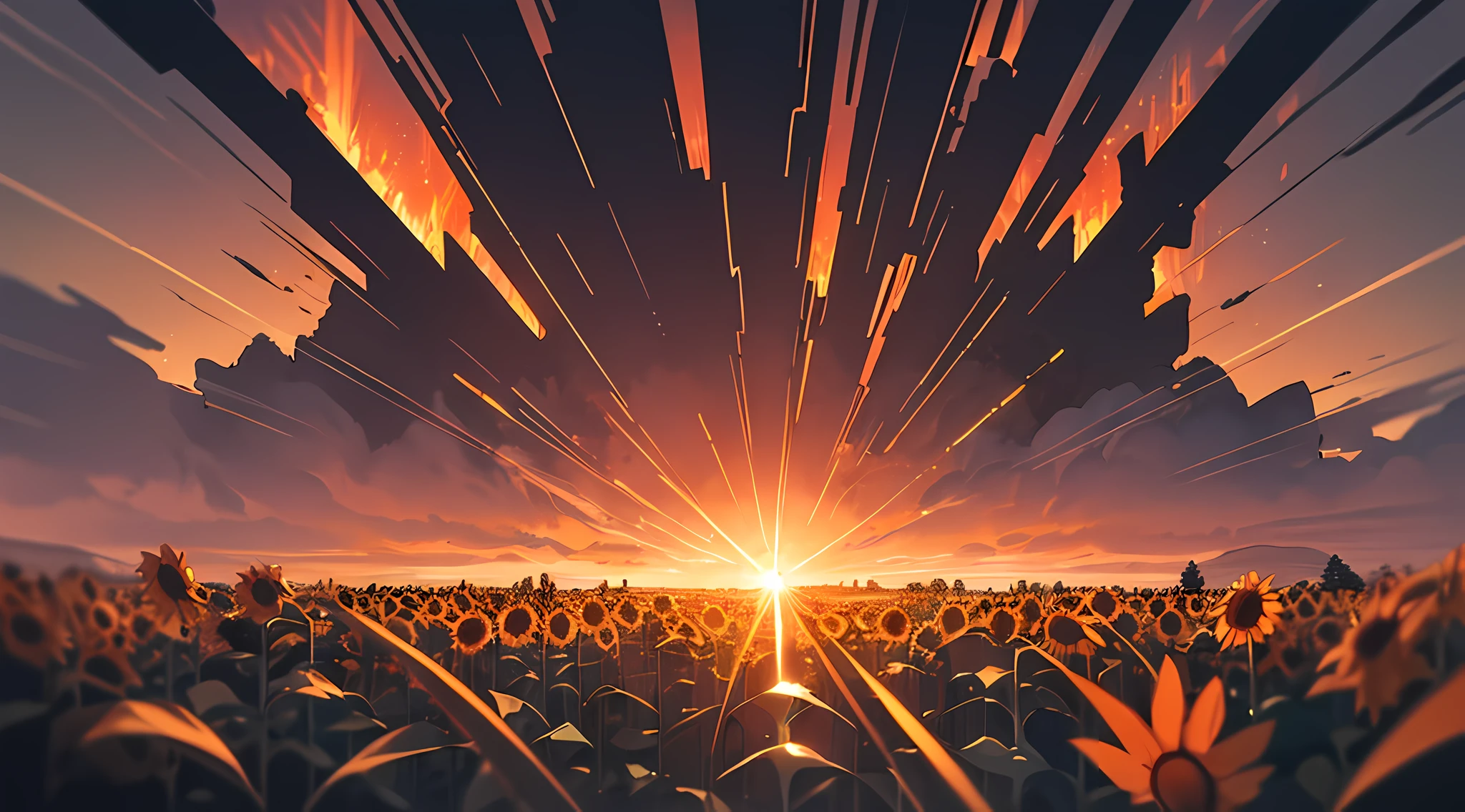 ((Midsummer Dusk)),sunflowers fields、twlight，Green Flash，landscapes，(Best Impact:1.5), (maximalism:1.7),Vivid contrast, (Realistic), hyperrealistic illustrations, hight resolution, ultra-detailliert, absurderes,(Fractal Art:1.3)，Retro、Precise focus、cinema4d、Drama