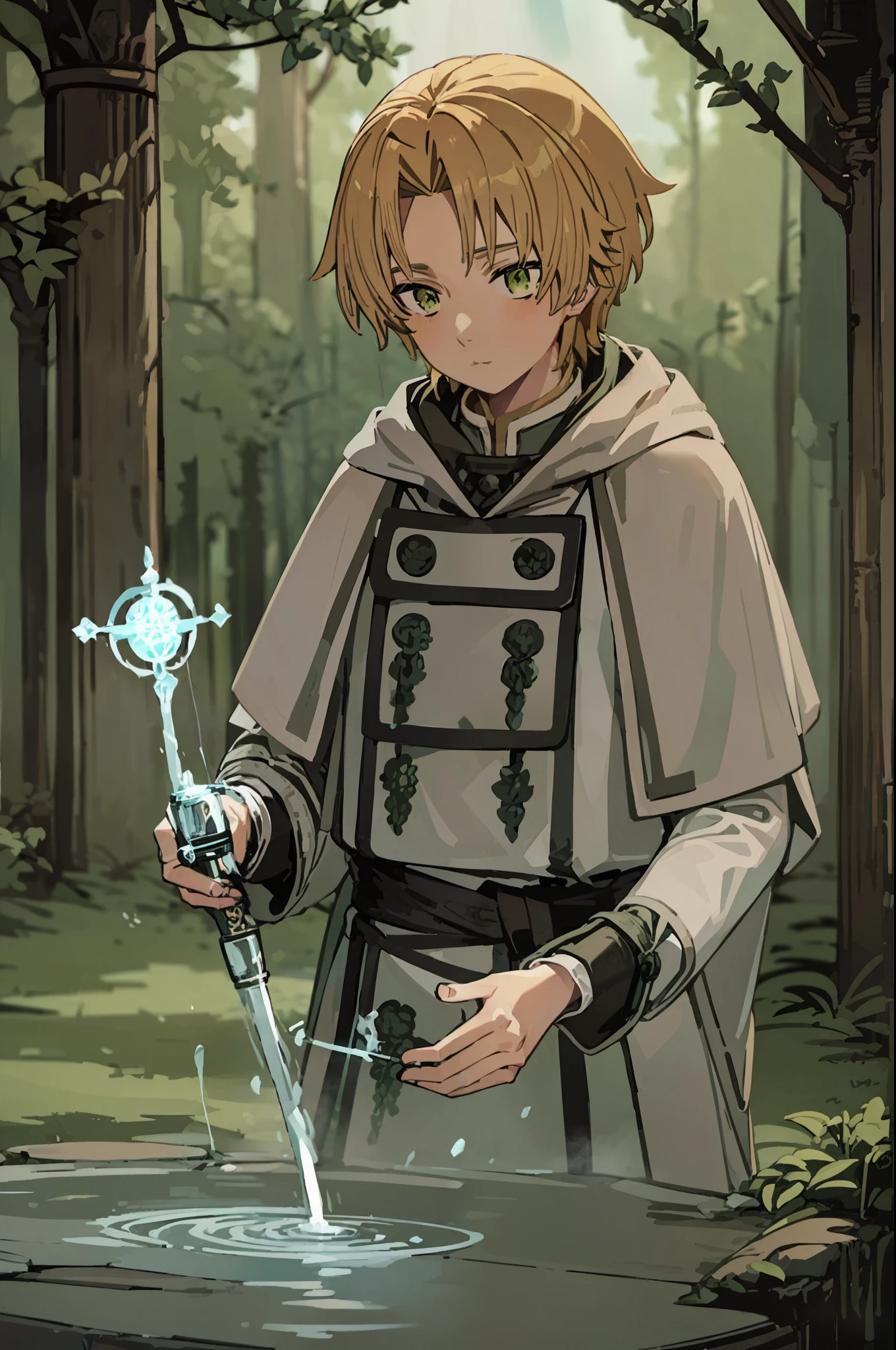 tarot card, rudeus_greyrat, green eyes, blonde hair, (gray robes, gray cape, gray jacket), white long sleeves, magician, mage, standing, (holding magic staff), (casting magic, water bending, using abilities), forest, upper body, ((masterpiece)), high detailed illustration, high detailed background, hi-res