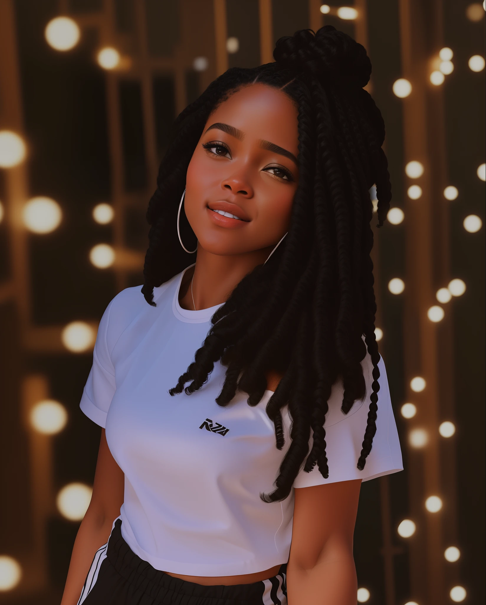 There is a woman with a white shirt and black pants, encaracolado, africana de pele clara, long braided curly hair, longos cabelos cacheados pretos, Tessa Thompson inspirada, foto de perfil, com longos cabelos cacheados, pele clara, preto longo cabelo encaracolado longo, lindo iluminado, imagem de perfil, longos cabelos cacheados pretos selvagens, foto de retrato detalhada, mulher jovem negra, cabelos cacheados, estilo Cartoon, digital illustation, hiper-realista.