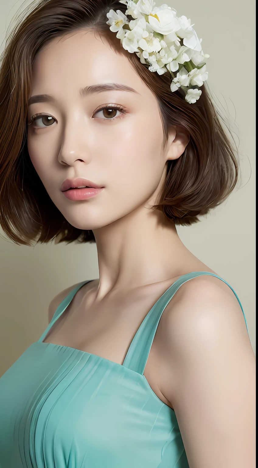 ((top-quality、8K、masterpiece:1.3)) realskin、Beautuful Women, look at viewr, French Bob Style, Flower Holter Dress, White wall design, (Rim Light)Similar to Masami Nagasawa、A detailed eye、detailed mouth