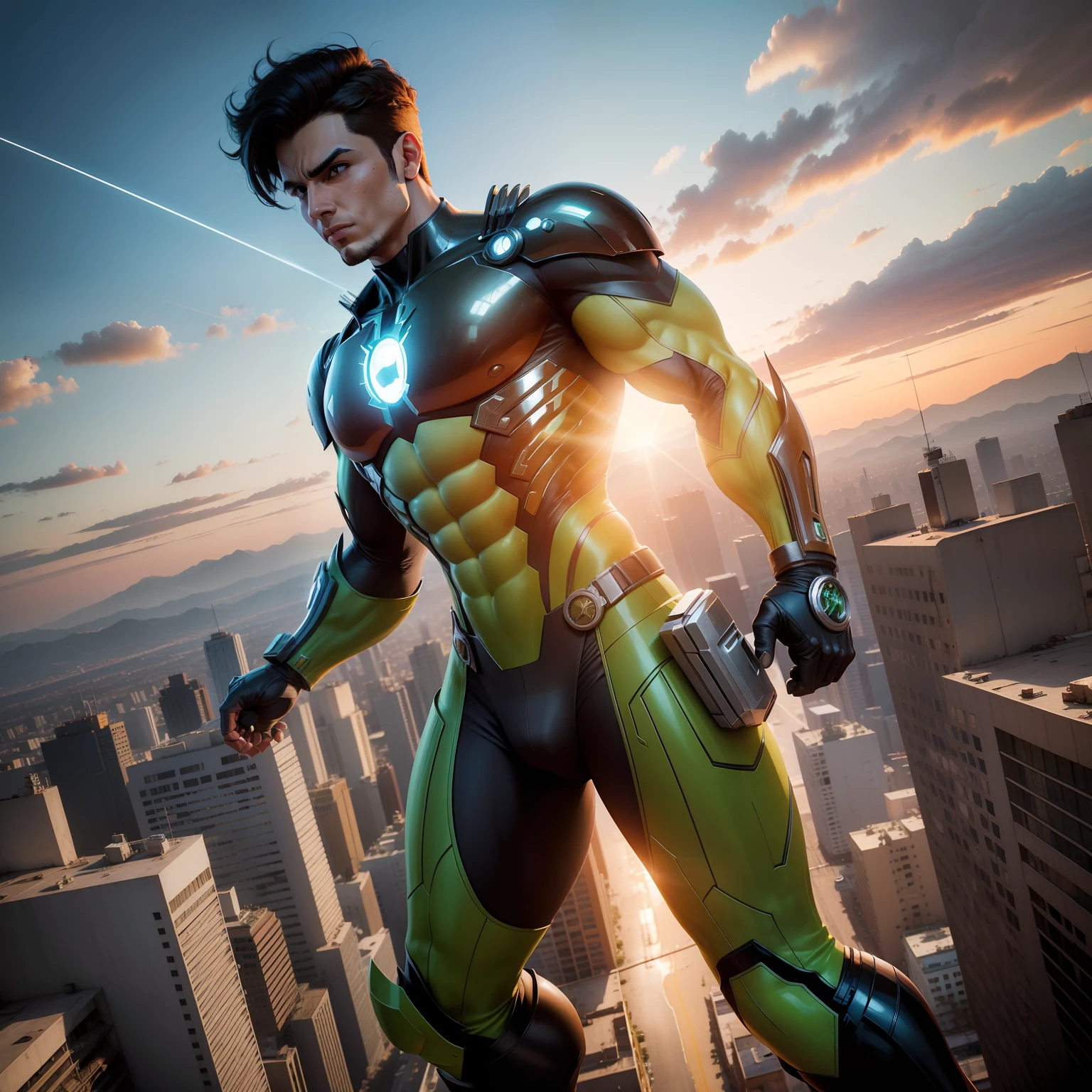 Iron homem fundido com ben 10, heroic pose, Fundo da cidade, 4k, luz de cinema, volumetric light, fotorrealista realista, real, extremamente detalhado