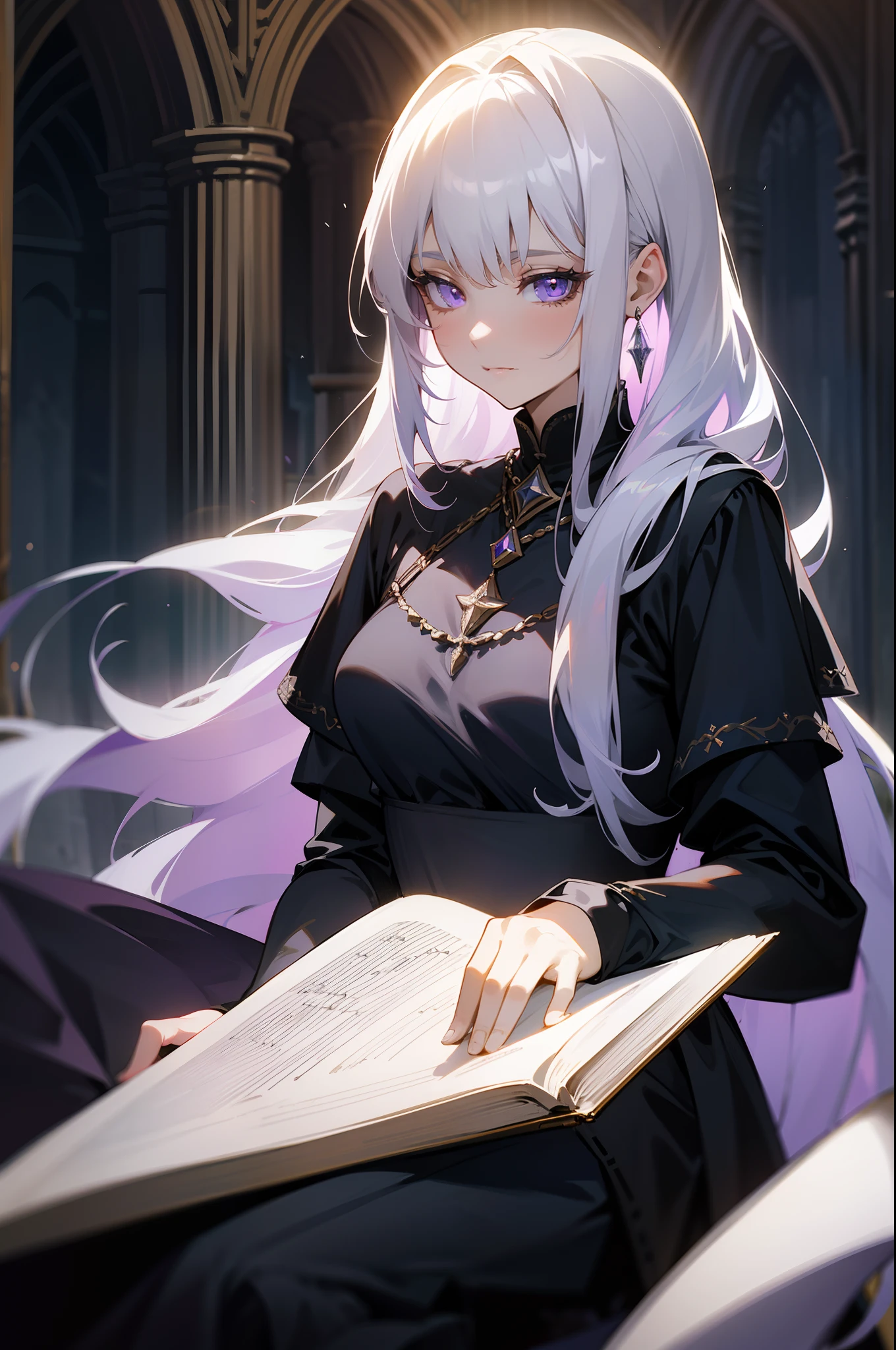 Beautiful woman reading in a medieval castle,long layered silvery white hair,Light purple eyes,Black dress,jewelry,Temperament,Full-HD,Lots of detail,Cinematic texture,Light,carefully drawn,atmosphere