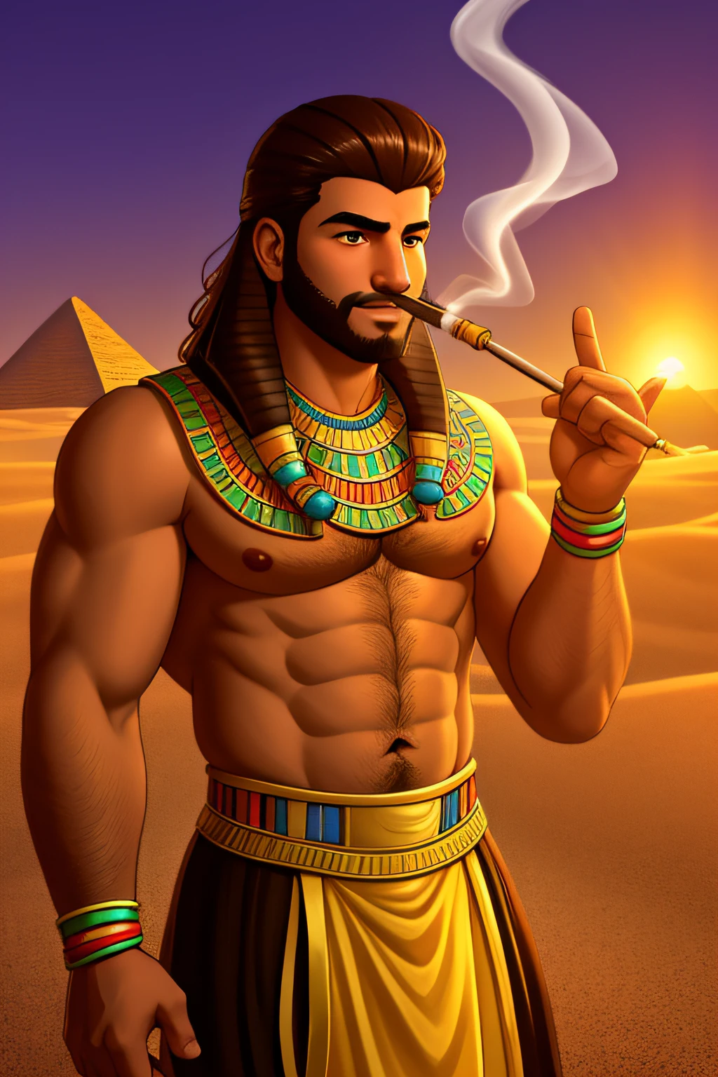 an Egyptian guy, a short beard face, wavy brown hair,chest hair,hazel eyes,in Egyptian desert, wearing a galabeya,smoking a shisha