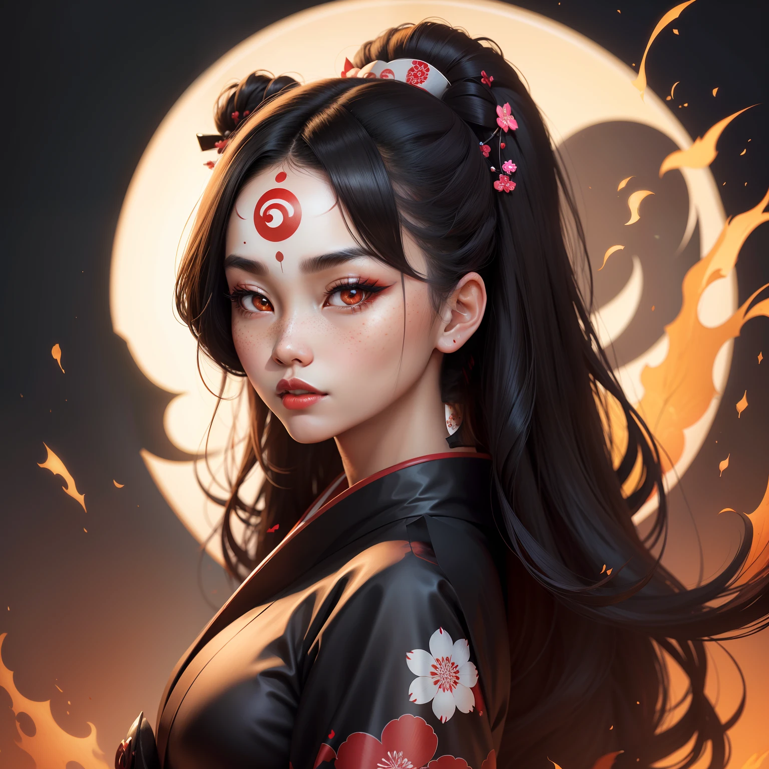 geisha, wear black kimono, black hair, bright white moon, dark skin complexion, 4k, almond eyes, big lip, logo, heart shape face, face fuller, sexy hair, red and white cherry blossom on hair, black eyeballs, dark red lipstick, female samurai warrior, swords, face shots, head shots, freckles on the face, up close head face shots, full hair, brown skin tanned, tea logo