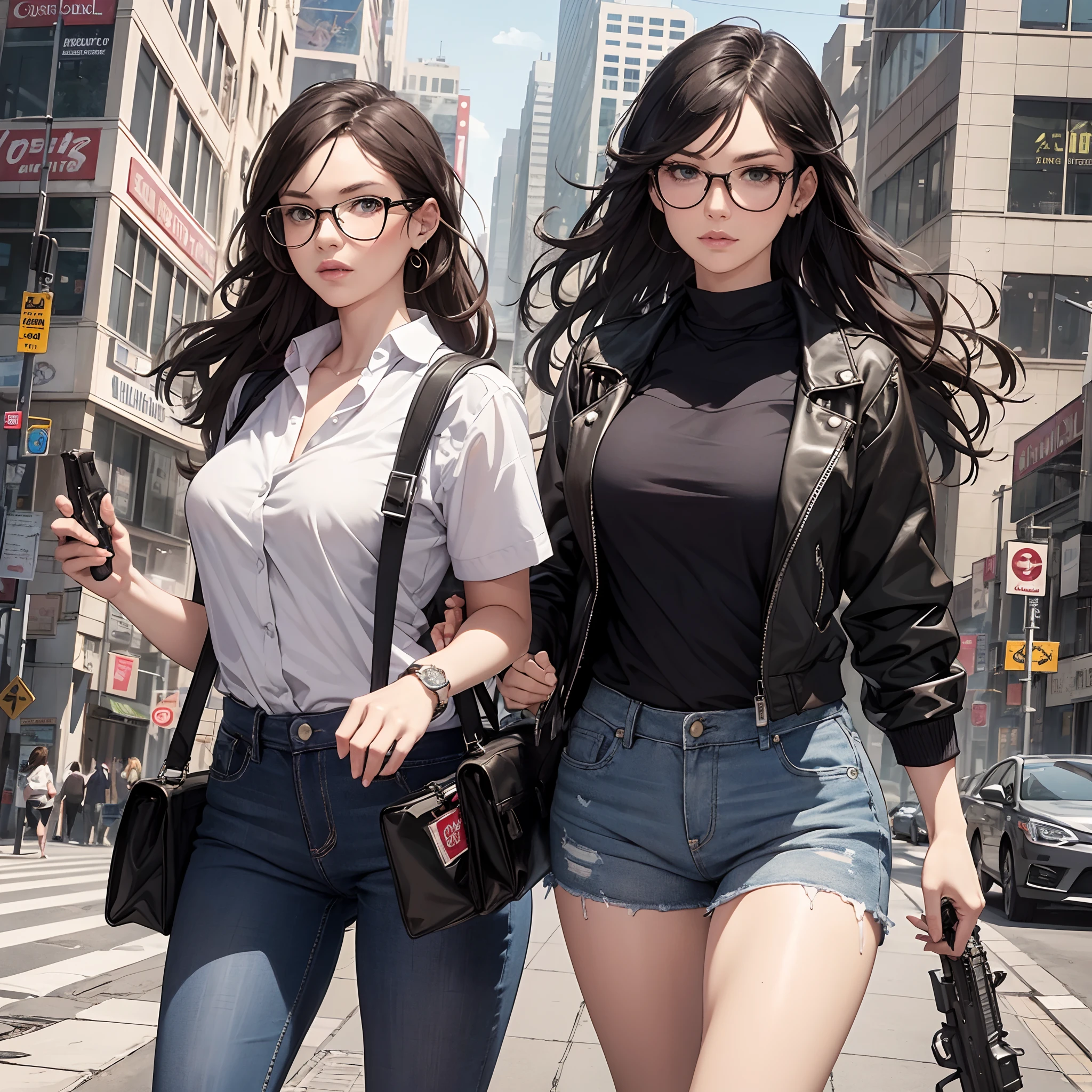 Use GTA 6 design, two girls leaving the bank with money bags , guns, cops full color illustration realistic, award-winning illustration in color, (complicated detail), (fine detail)