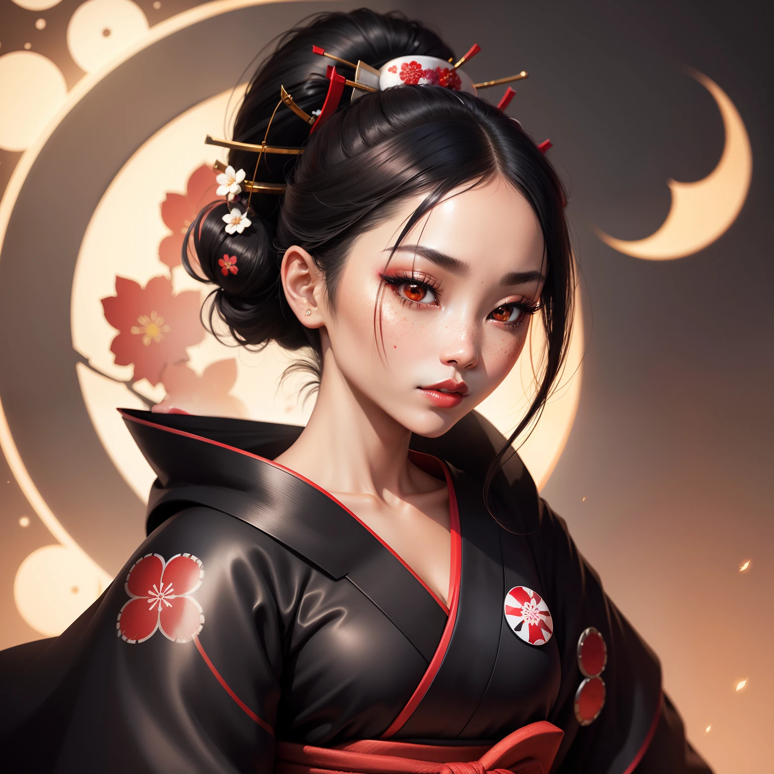 geisha, wear black kimono, black hair, bright white moon, dark skin complexion, 4k, almond eyes, big lip, logo, heart shape face, face fuller, sexy hair, red and white cherry blossom on hair, black eyeballs, dark red lipstick, female samurai warrior, swords, face shots, head shots, freckles on the face, up close head face shots, full hair, brown skin tanned, tea logo