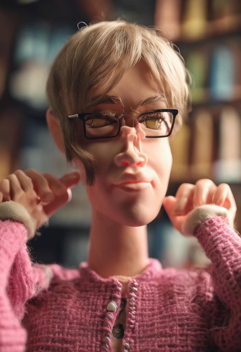 Make a realistic woman in 4k a beautiful artisan with the face visible from the front with short hair and no makeup of glasses holding a beautiful Amigurumi doll
