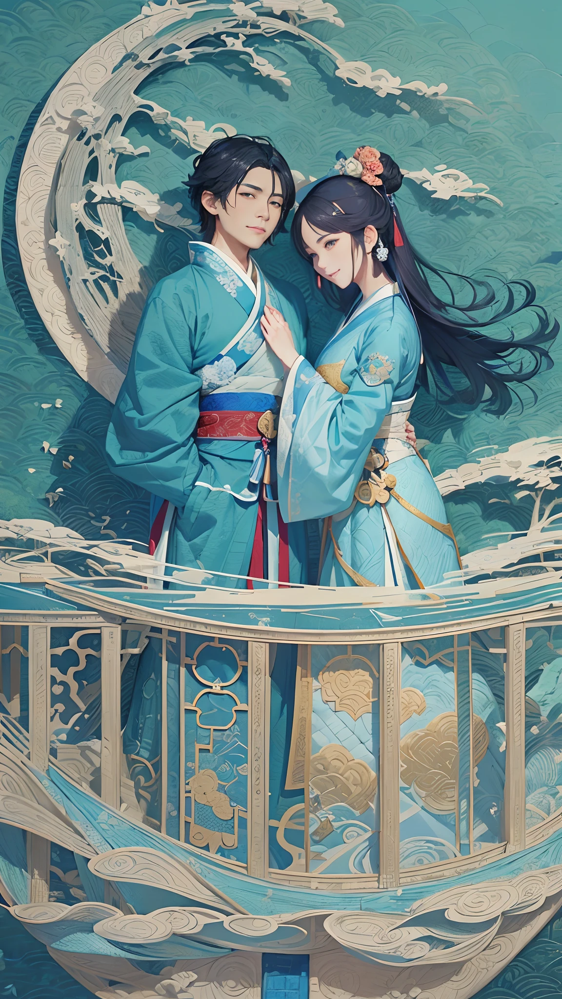blue background,1 moon,(A hanfu couple hugging on a bridge:1.4, smile),rosette,(illustration:1.3,paper art:1.3, Quilted paper art:1.2, extremelybold outline),( reasonable design, Clear lines, High sharpness,best quality, Very detailed, masterpiece, movie lighting effects, 4K )
