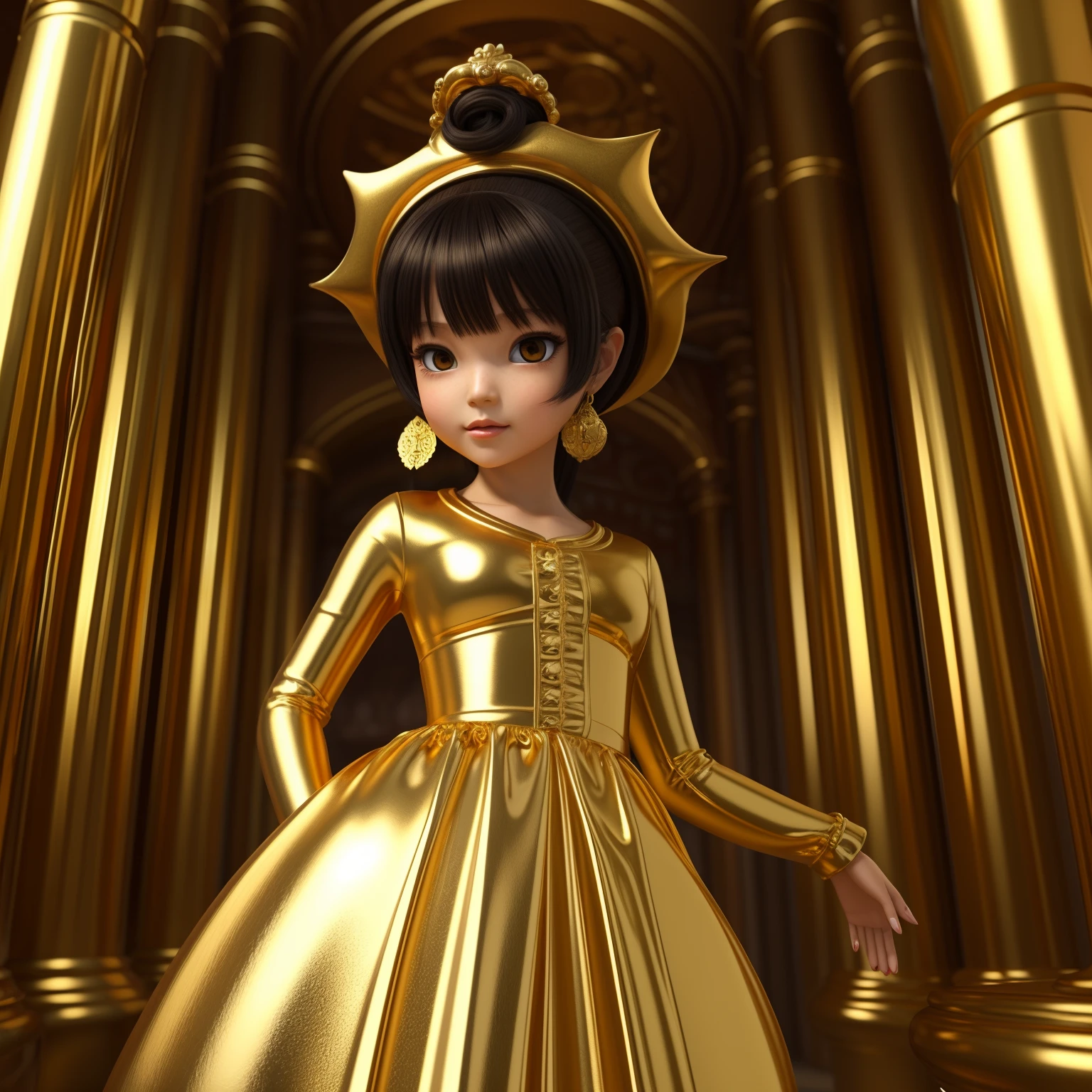 goldgenta girl in a Gold temple, gold liquid metal in the style of high dynamic range, kawaii art, at night, animated illustrations, daz3d, exotic realism, goldgenta-inspired, vibrant manga, close-up intensity --ar 7:4 --niji 5