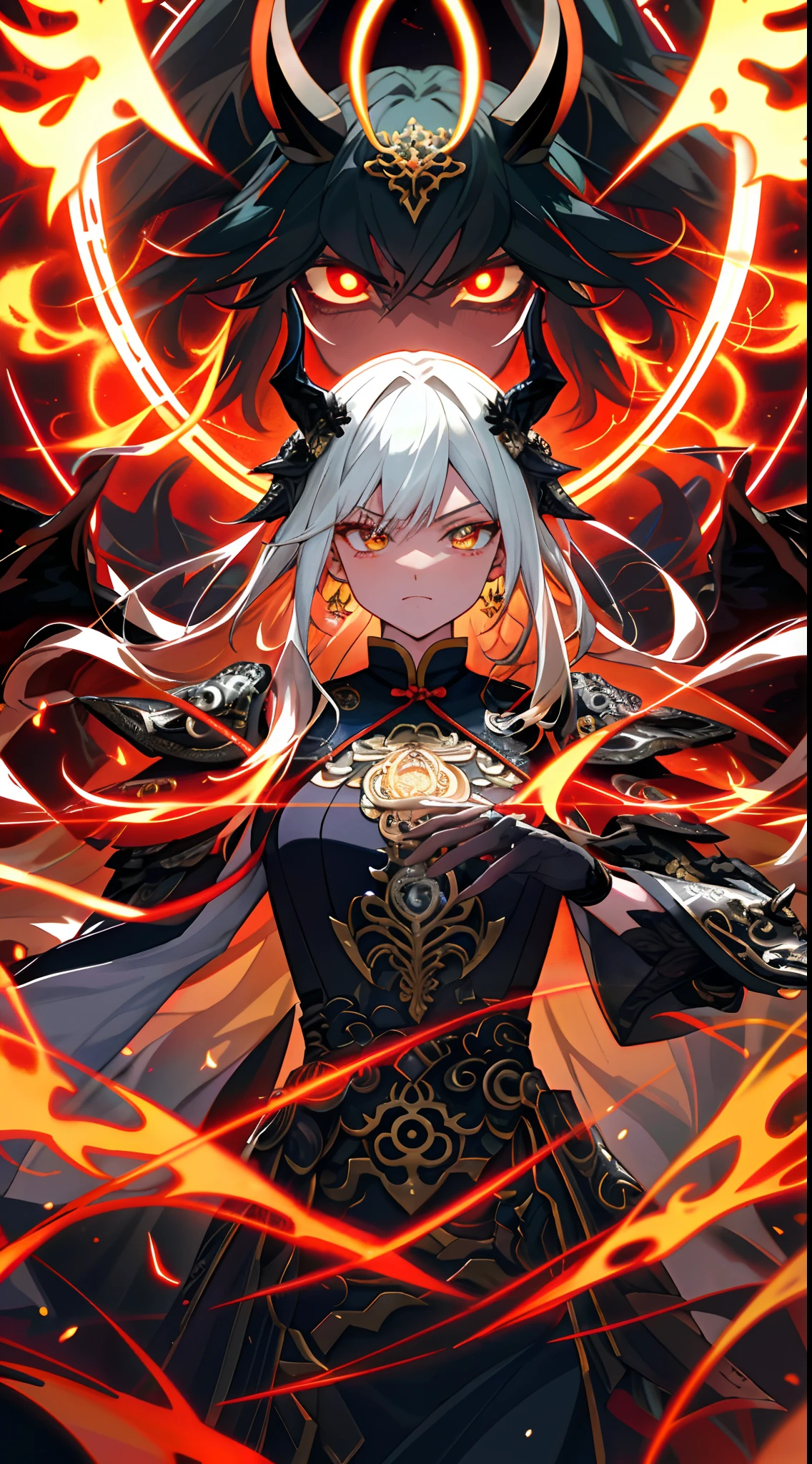 Anime robot beautiful magma skin girl magic,Aesthetic_Eyes,Detailed eyes,devil horns,Masks,Feathered wings,with light glowing,Random fantasy hair fluttering,O cabelo multicolorido,Body detailed,Random very angry face,详细的脸,Saenyo Ancalagon is the embodiment of the majestic Guardian|The landscape |Exquisite obsidian and lava armor |cinmatic lighting |intricate filigree metal design,Aesthetic_Eyes,Detailed eyes,Body details,ahegao,详细的脸,A highly detailed,Fantasy background,Blushlush,Chinese Dragon Horn_Earrings hair ornaments_Jewelry High Resolution Jewelry Triptych_earring,Detailed all,独奏,Fighting posture,Magic Circles,electrified,Lightning effects,Ray traching,Detailed all,8k ultra high definition。
