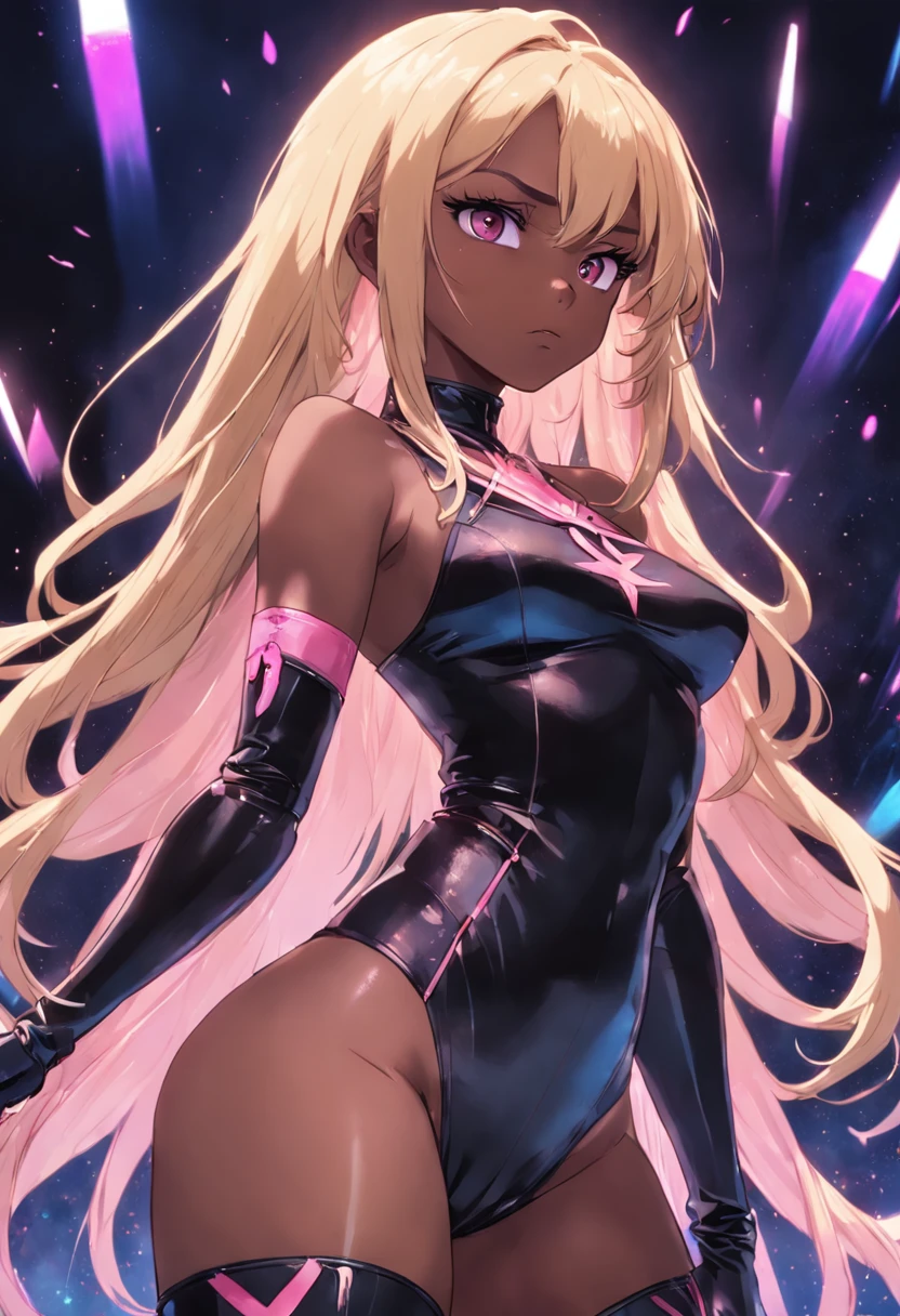 Black female with blonde hair, has pink highlights, wearing tight sexy clothing, cleavage, wearing thigh high boots, flowing hair highlighted hair, wearing makeup, is a pop star