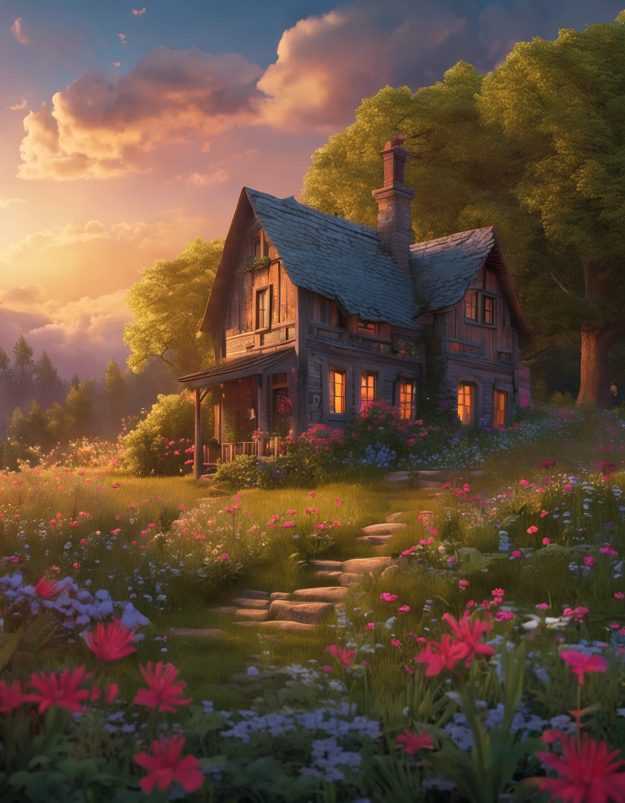 a drawing,The painting depicts a house with flowers in the middle of a field, Digital art inspired by Yevgeny Lushpin, pixabay contest winner, Fantasy art, cottagecore!!, beautiful house on a forest path, beatiful house, cottagecore, idyllic cottage, fundo de casa, Cabin in the woods, little cottage, cottage in the forest, magical scenery