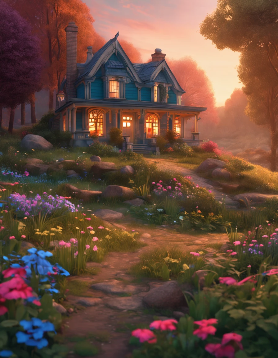 a drawing，The painting depicts a house with flowers in the middle of a field, Digital art inspired by Yevgeny Lushpin, pixabay contest winner, Fantasy art, cottagecore!!, beautiful house on a forest path, beatiful house, cottagecore, idyllic cottage, fundo de casa, Cabin in the woods, little cottage, cottage in the forest, magical scenery