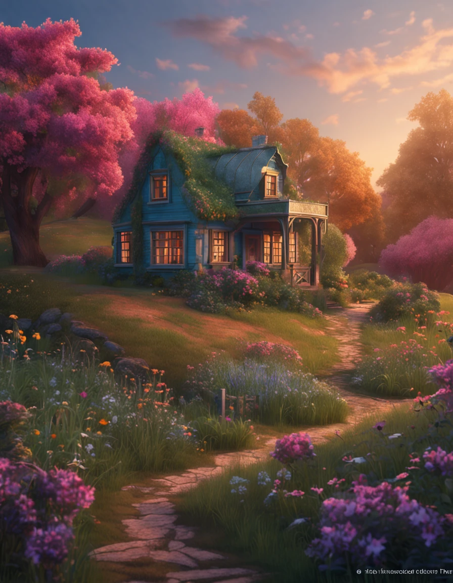 a drawing，The painting depicts a house with flowers in the middle of a field, Digital art inspired by Yevgeny Lushpin, pixabay contest winner, Fantasy art, cottagecore!!, beautiful house on a forest path, beatiful house, cottagecore, idyllic cottage, fundo de casa, Cabin in the woods, little cottage, cottage in the forest, magical scenery