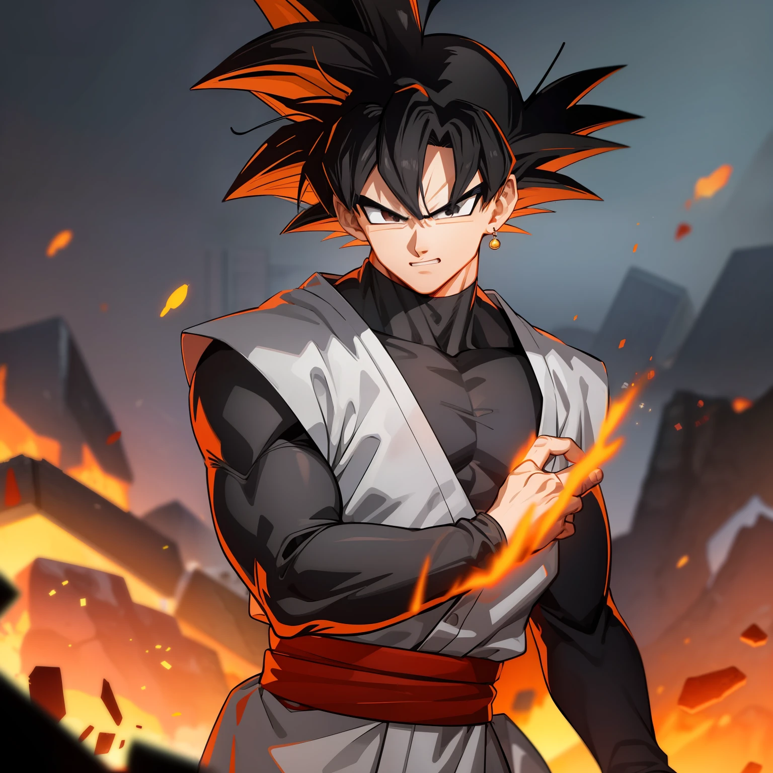 ((masterpiece, best quality)),(complex light), 1boy,solo,upper body, goku black outfit, black and red gi,black hair,black eyes,  destroyed debris background,smirk, fire, anime hair, regular hair, not goku hair