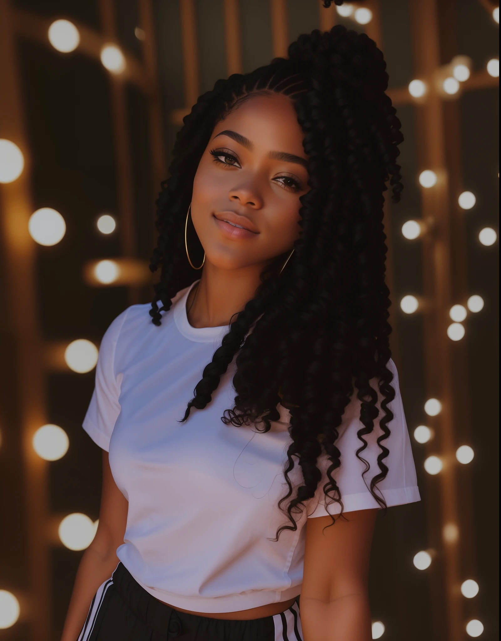 There is a woman with a white shirt and black pants, encaracolado, Menina africana de pele clara, long braided curly hair, longos cabelos cacheados pretos, Tessa Thompson inspirada, foto de perfil, com longos cabelos cacheados, pele clara, lindo iluminado, preto longo cabelo encaracolado longo, imagem de perfil, cabelos cacheados, foto de retrato detalhada, longos cabelos cacheados pretos selvagens, cabelo encaracolado preto