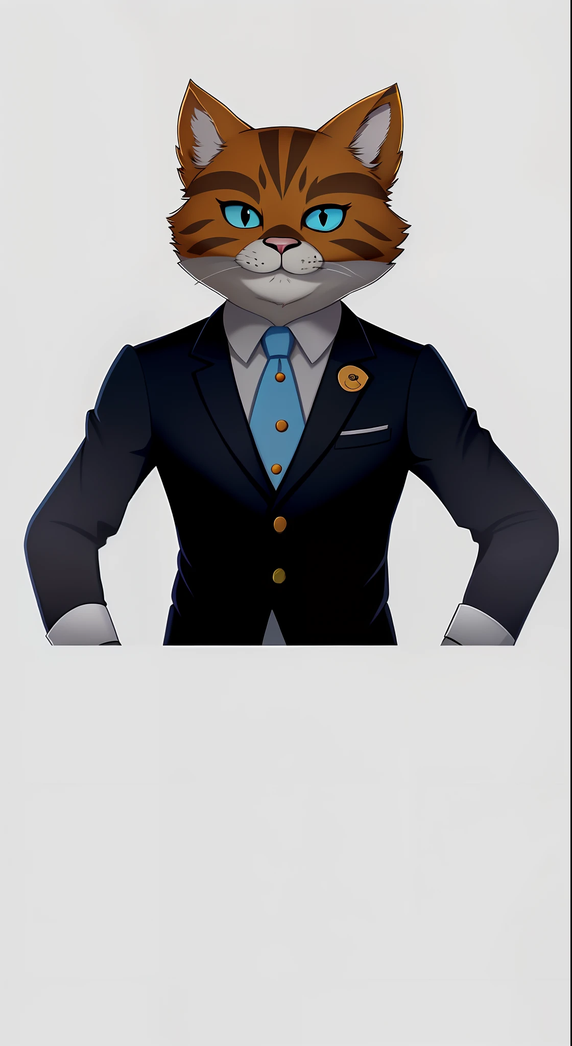 There's a cat in a suit and tie standing with his hands on his hips, Fursona usando roupas estilosas, desenho peludo profissional, fursona furry art commission, bonito weasel fursona retrato, official character illustration, um guaxinim vestindo roupas formais, arte oficial do personagem, personagem peludo, Retrato de personagem peludo, Retrato de corpo inteiro do personagem, generic furry style, fursona commission