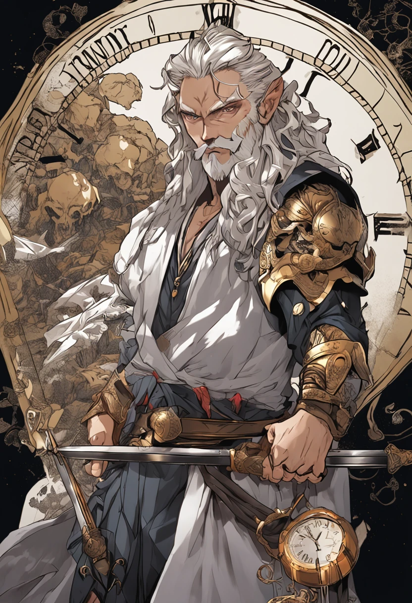 anime character with a sword and a beard holding a clock, handsome guy in demon slayer art, detailed anime character art, berserker potrait, gilgamesh, beautiful male god of death, fit male demon with white horns, portrait of hades, norse god, portrait zeus, portrait of fin wildcloak, oda non, edelgard from fire emblem