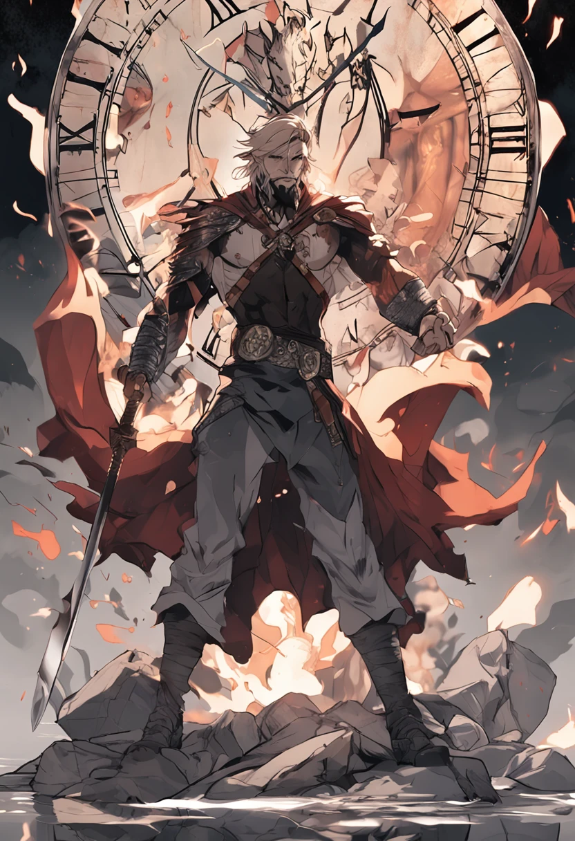 anime character with a sword and a beard holding a clock, handsome guy in demon slayer art, detailed anime character art, berserker potrait, gilgamesh, beautiful male god of death, fit male demon with white horns, portrait of hades, norse god, portrait zeus, portrait of fin wildcloak, oda non, edelgard from fire emblem