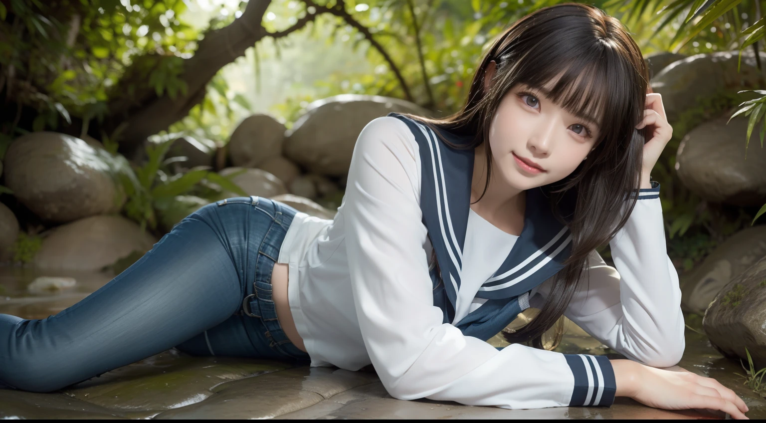 a pregirl，ssmile, looking at viewert, sailor uniformm,skintight jeans，photore, realisticlying, Best quality at best, employee, 详细的脸，Lying on a large mossy stone in a bamboo forest， diffuselighting, depth of fields