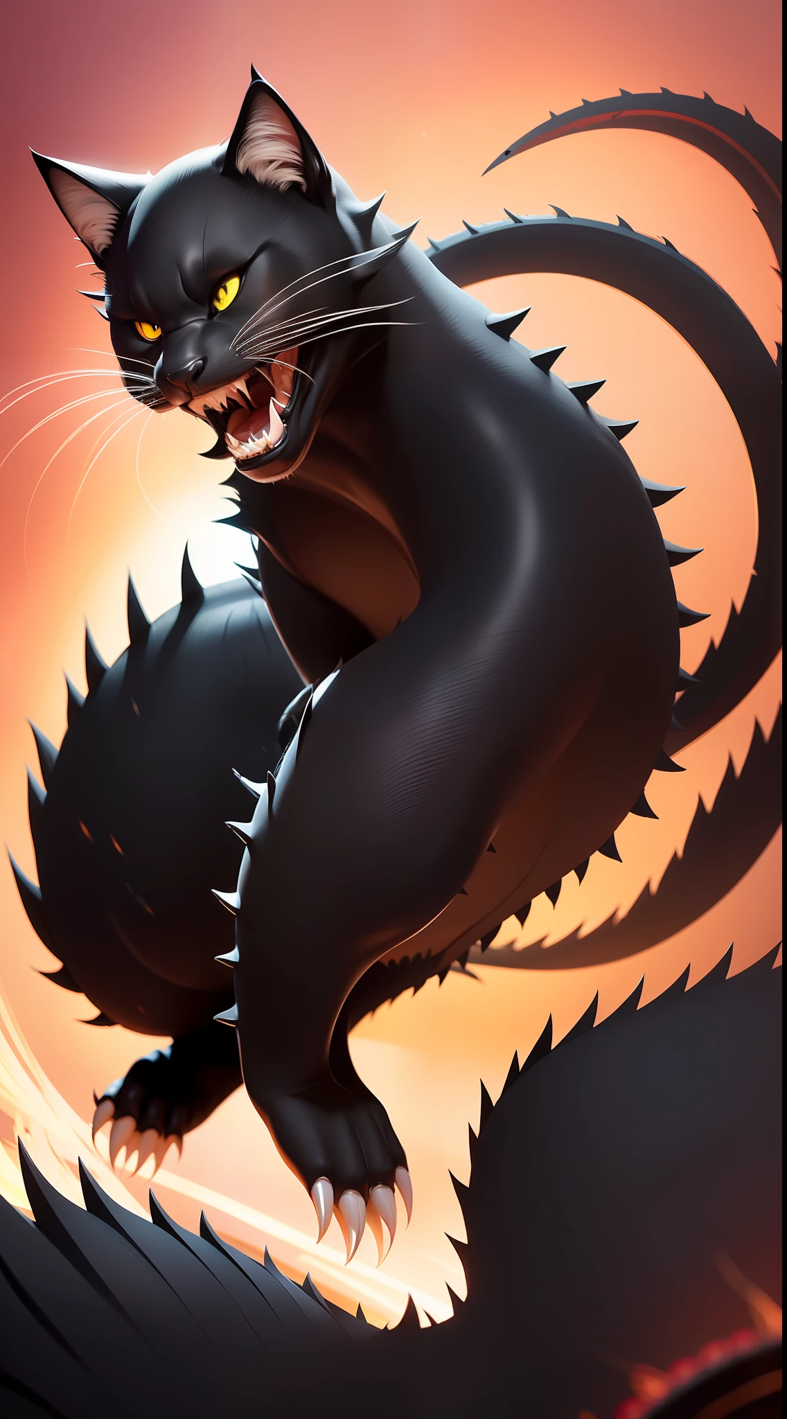 Fierce black cat,red - eyed,Sharp claws,Teeth and claws,Full body like,Prepare for a raid。