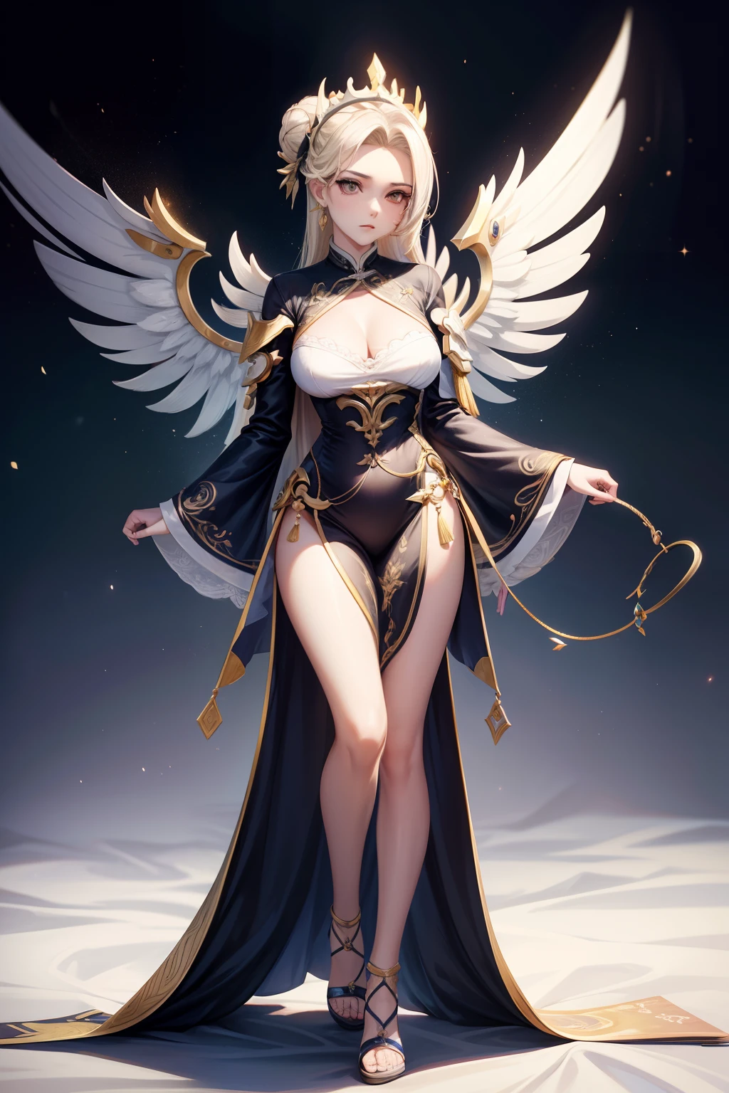 ((full body)) ((sexy tall supermodel)) ((beautiful face)) (red lipstick) ((big bright eyes)) ((very long blonde messy with long bangs covering one eye)) ((pale skin)) ((very huge breast:1.5)) (perfect body:1.3) ((full torso nude, bare breast and pussy))((wears fantasy white stocking, white long gloves, choker, white high heels, big cosplay wings ornamented with gold, transparent, ankle))((sexy supermodel posing inside photo studio for camera photoshoot, light of reflector over her))(high resolution, dynamic shadows)((photorealistic:1.5)) ((masterpiece:1.3)) (8k) (perfect face) (best quality) (perfect hands and eyes)