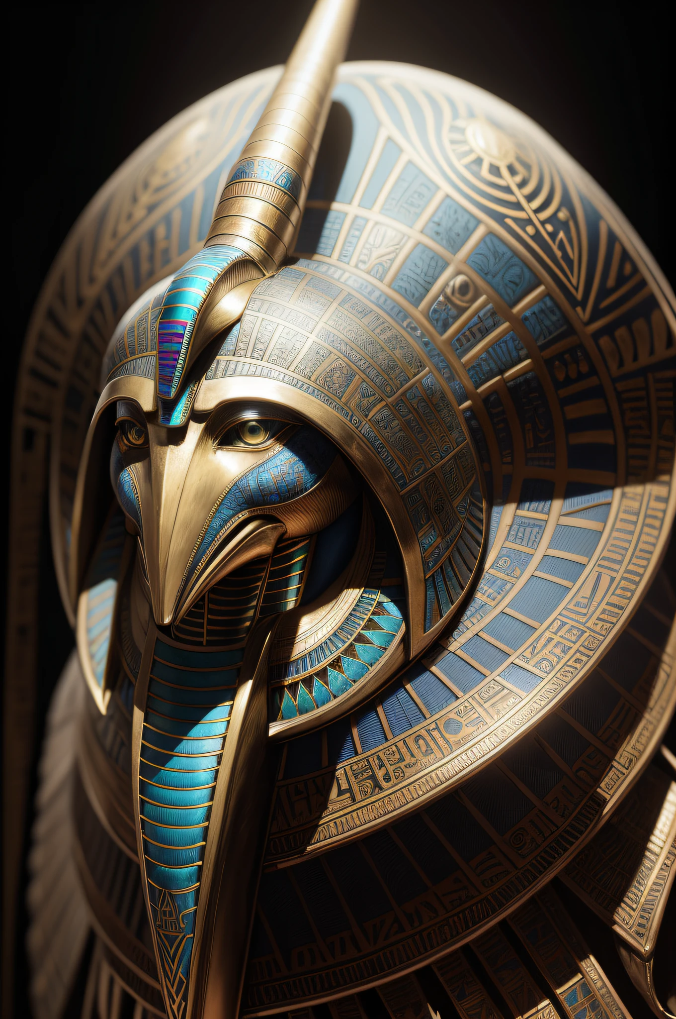 Biomachine:1.3, (Egyptian Sekhmeth:1.2), (colorido:1.2), dourado, ouro, Hans Giger, (zentangle:1.2), granulado, extremamente detalhado, detalhes intrincados, dynamic lighting, fotorrealista, luz natural, baixo h, obra prima, detalhado 8k