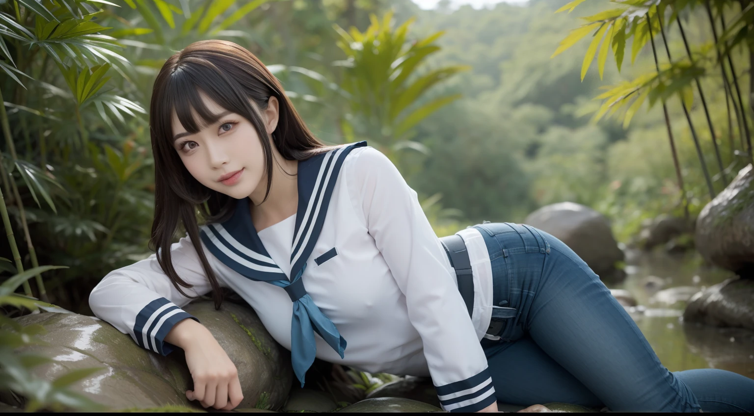 a pregirl，ssmile, looking at viewert, sailor uniformm,skintight jeans，photore, realisticlying, Best quality at best, employee, 详细的脸，Lying on a large mossy stone in a bamboo forest， diffuselighting, depth of fields