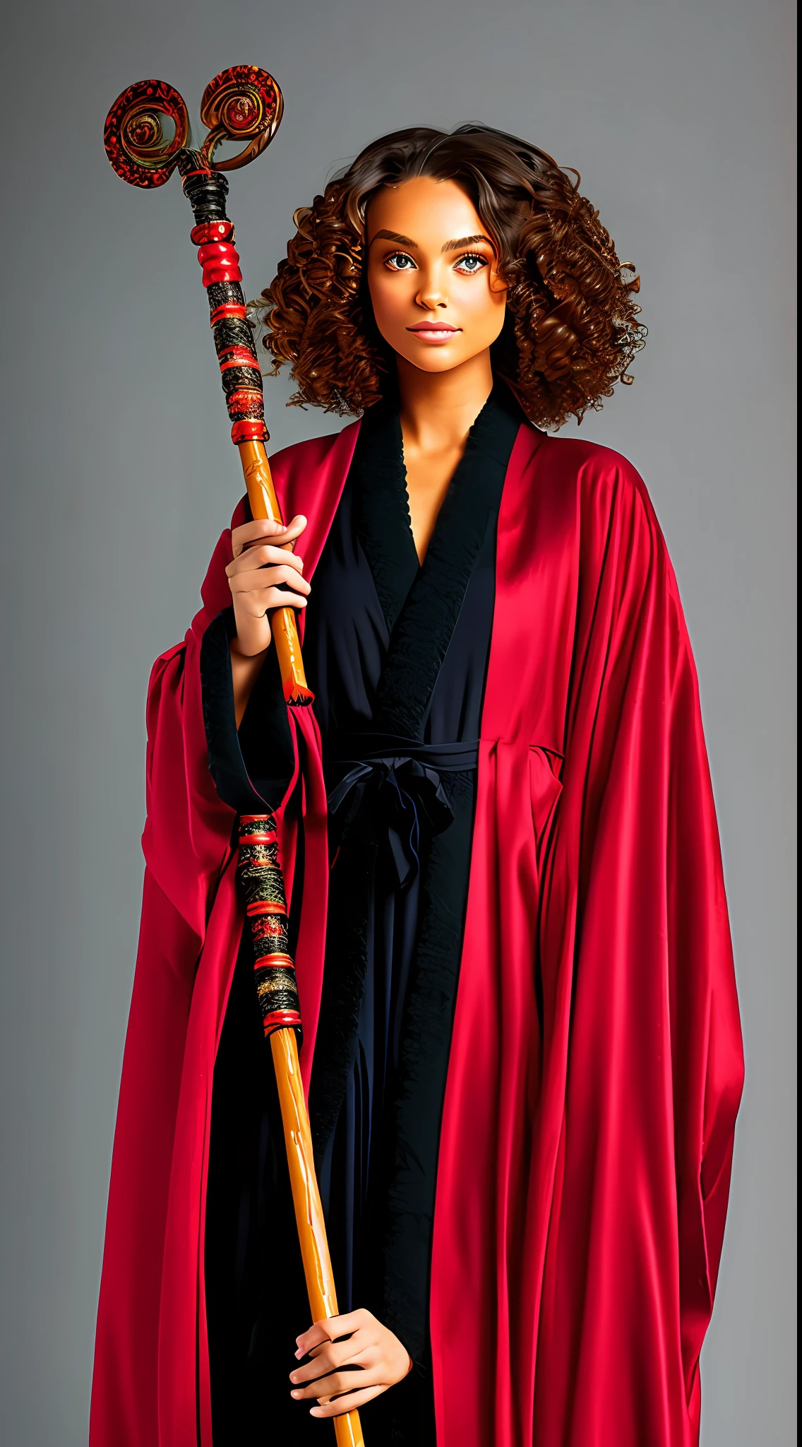 magestic，ember，brunette curly hair，Holding a ruby staff，Wearing a red and black robe，