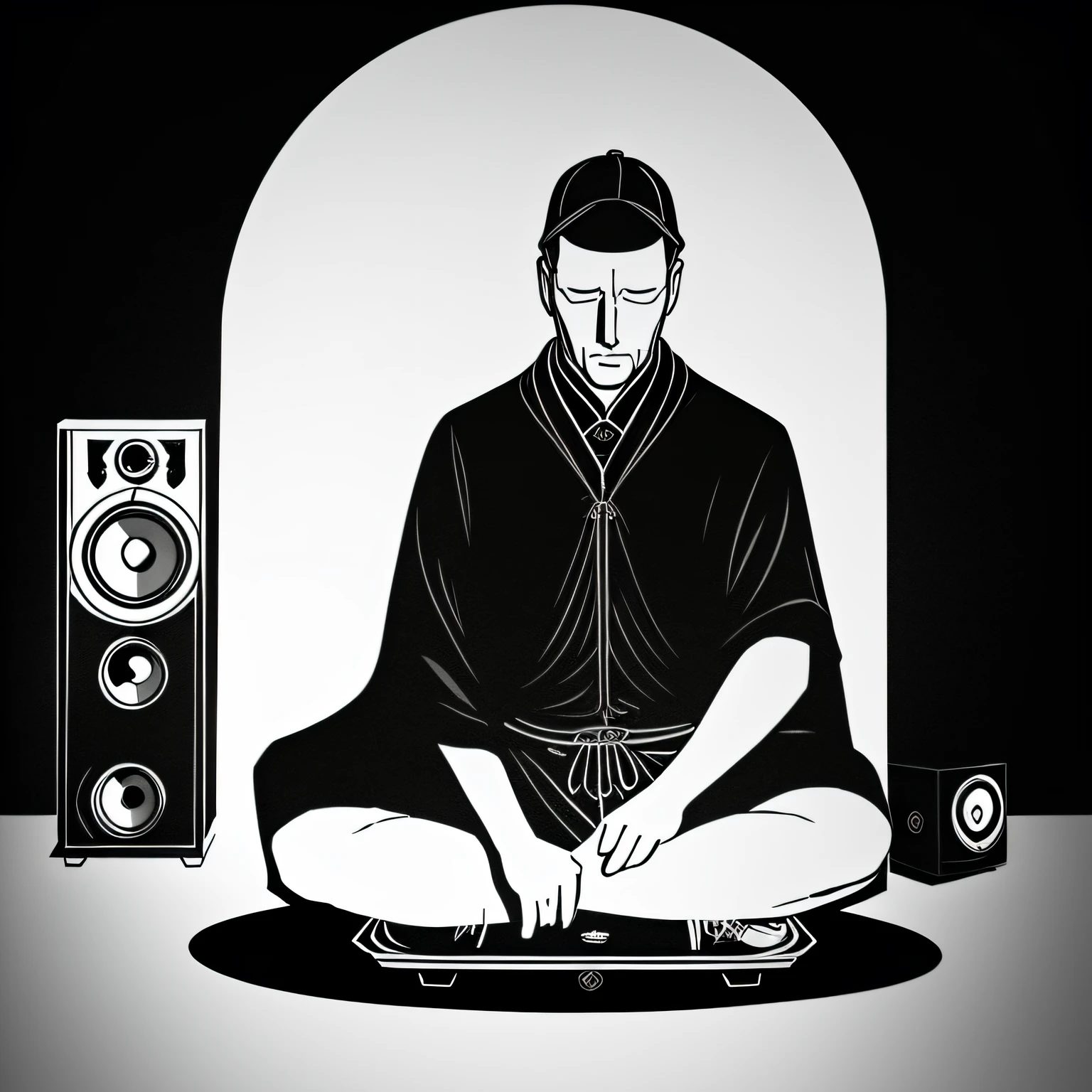 Create an illustration of a faceless man using black cloths and white sneakers in lotus position next to a white speaker