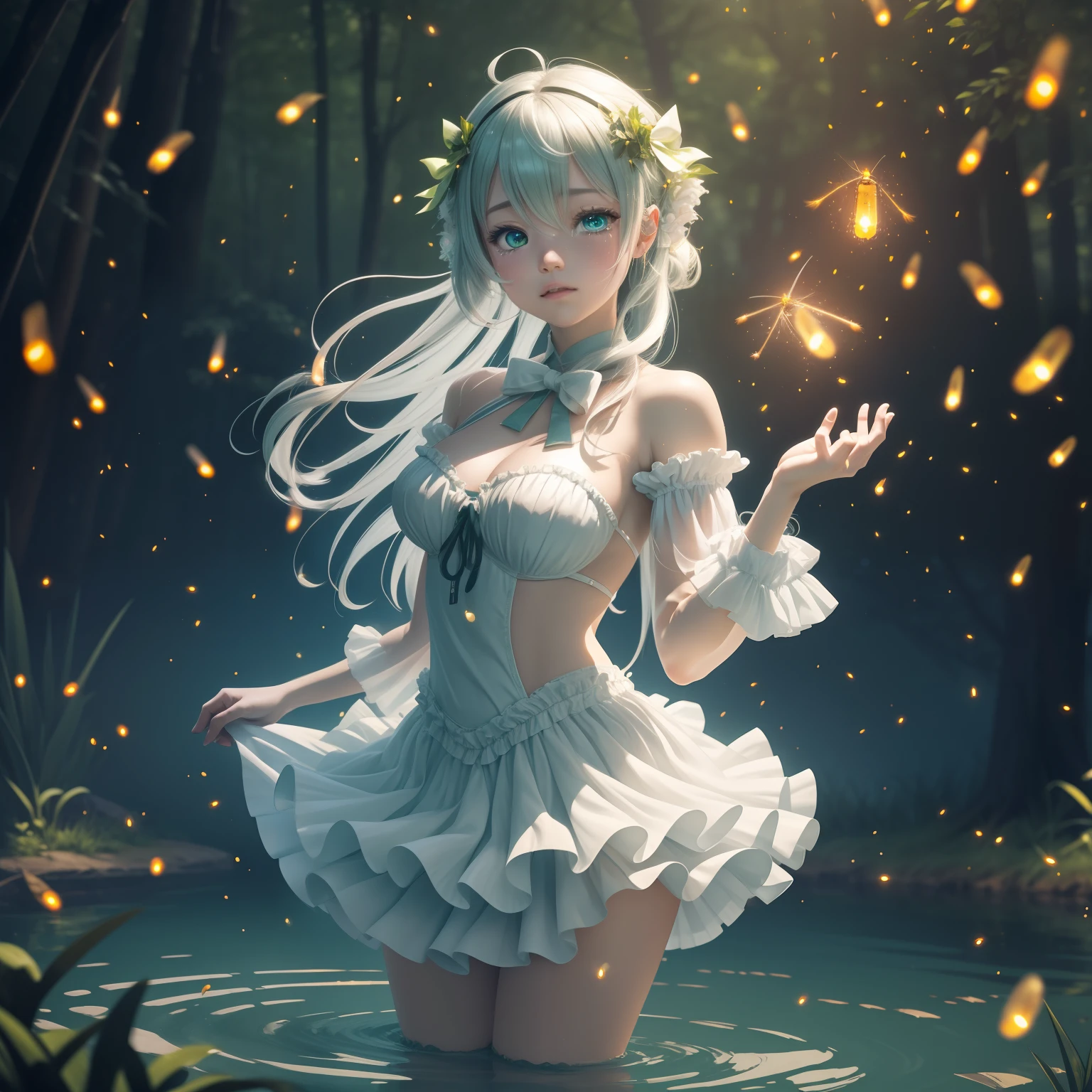 ((Surrounded by fireflies))An insanely beautifully green eye Girl  with ultra enchanted feature  dancing on a lake wearing A white frilly skirt, half on snd hslf of oink frilly sleeves white cordset white flying ribbons in her white long hair, Wop art Hyperrealism,CGi art,Zbrush art,Oil Paint,Hd8k,Digital Art,Abstract art,Cry Engine Art,