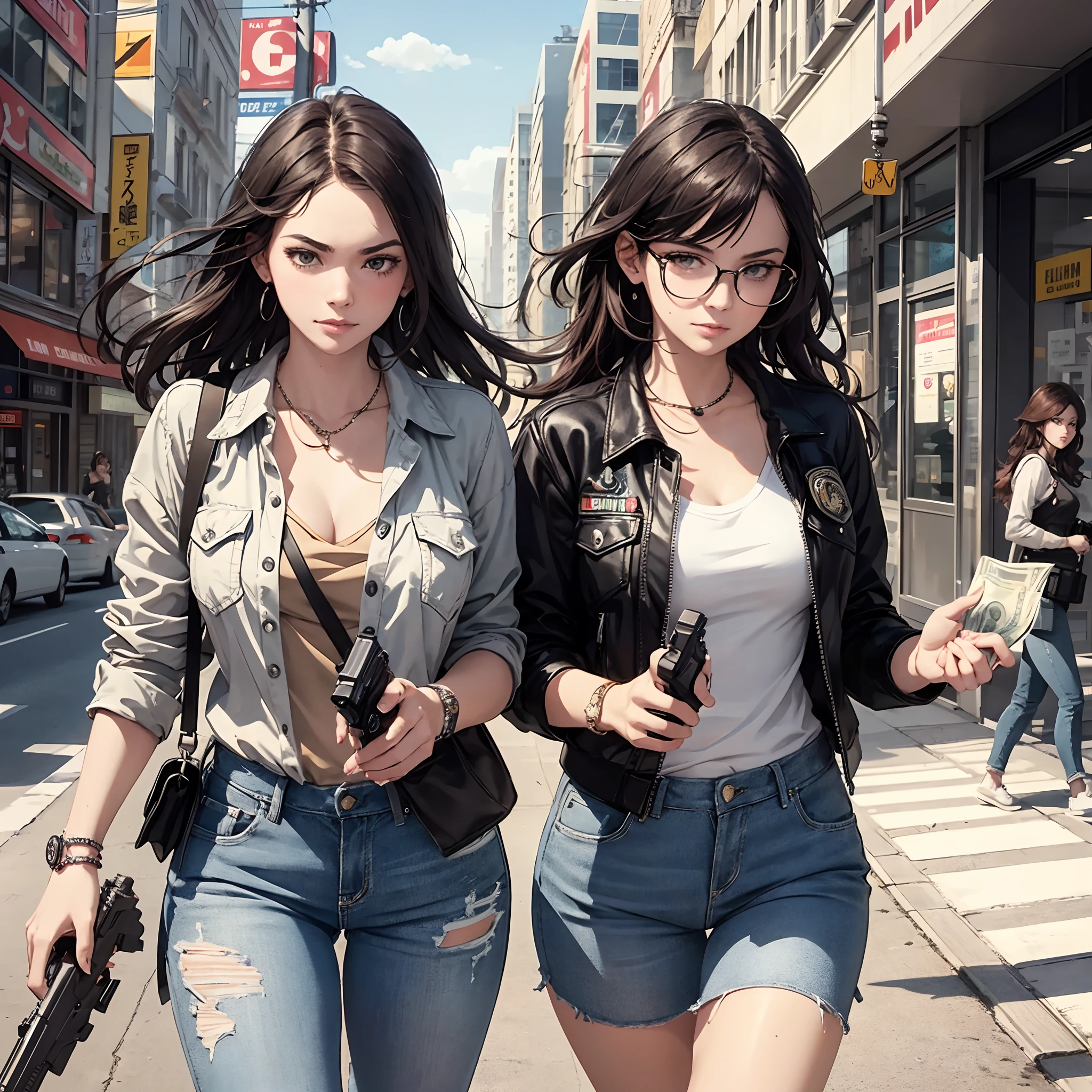 Use GTA 6 design, two girls leaving the bank with money bags , guns, cops full color illustration realistic, award-winning illustration in color, (complicated detail), (fine detail)