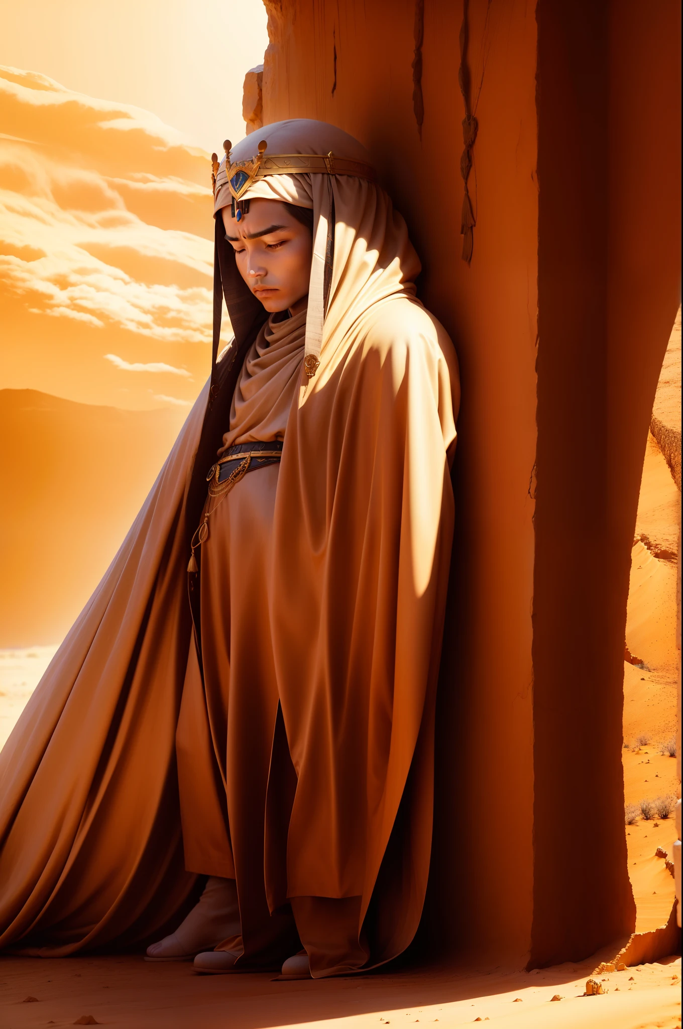Strong winds are blowing in the desert、　The clothes of the king of the desert are starving、The Sphinx speaks to the king，Who is the real king and