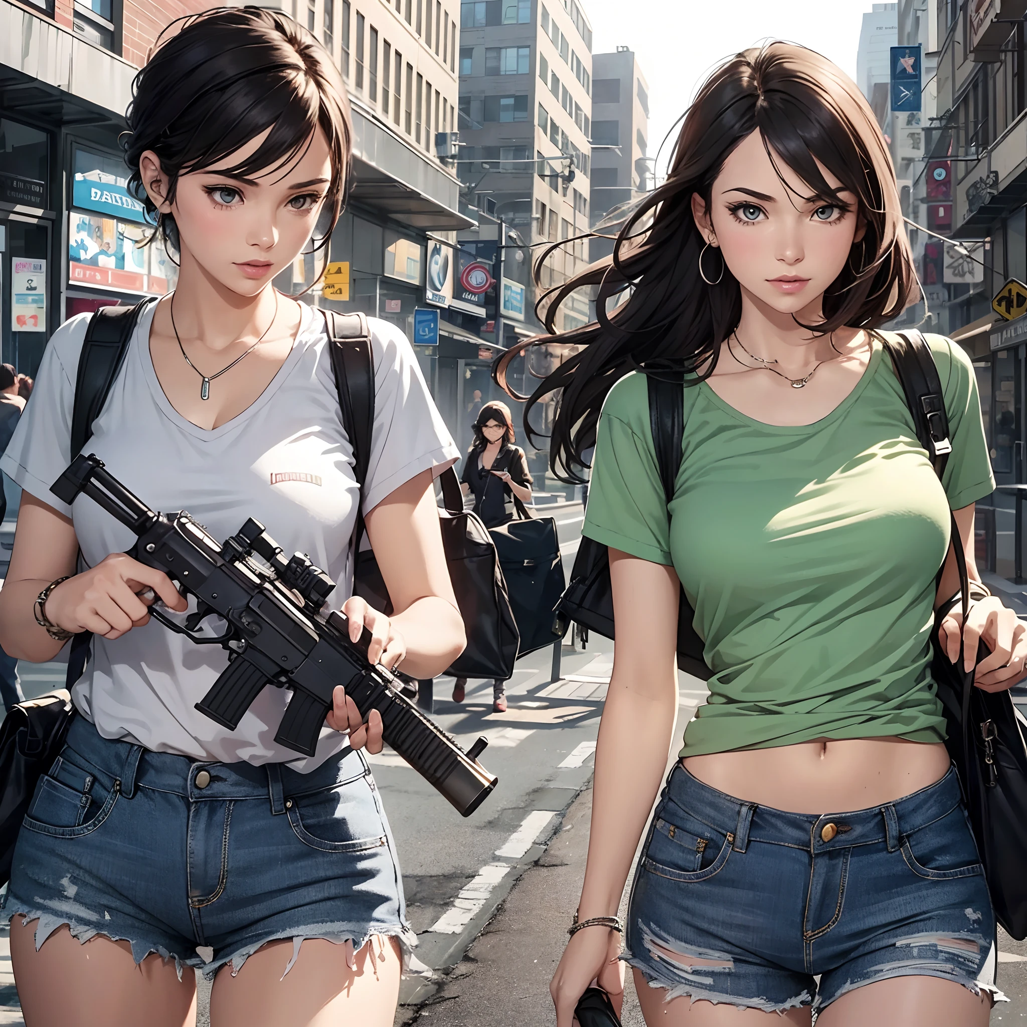 Use GTA 6 design, two girls leaving the bank with money bags , guns, cops full color illustration realistic, award-winning illustration in color, (complicated detail), (fine detail)