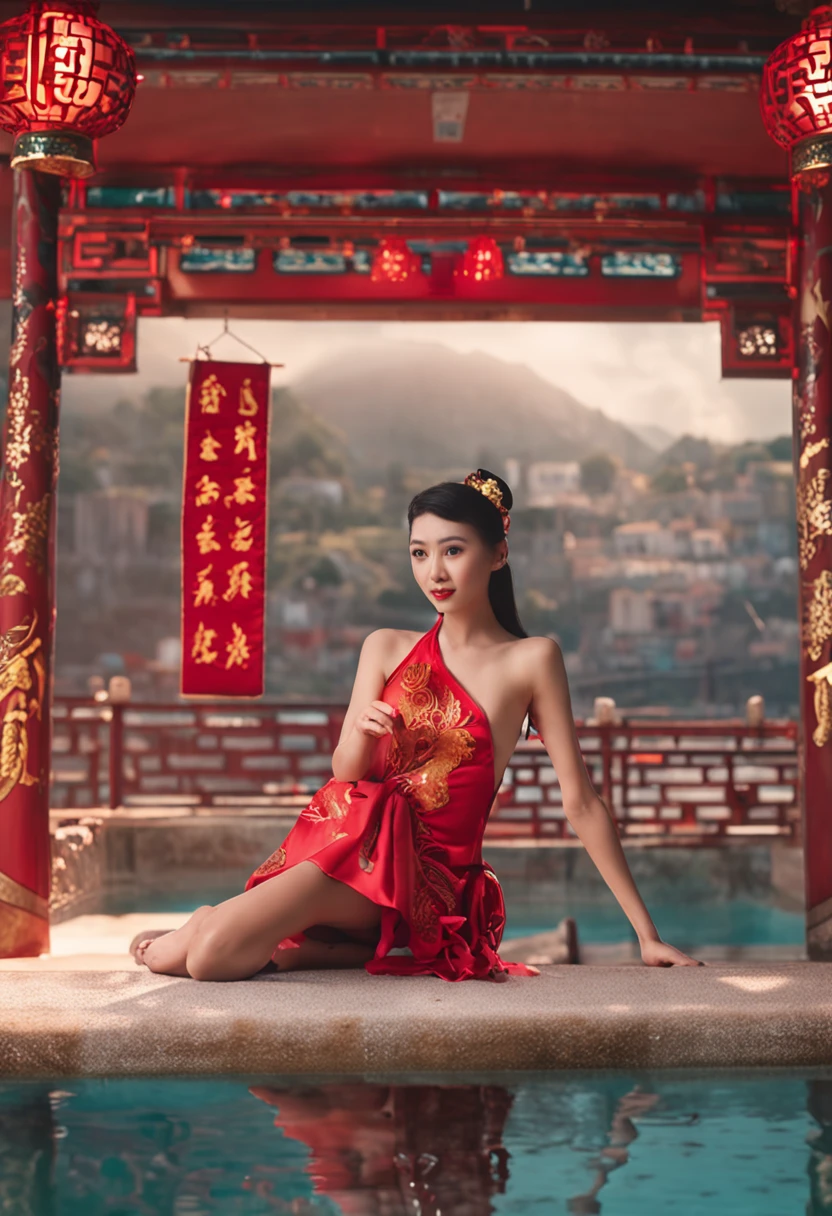 oriental girl,Pool,Red cheongsam swimsuit