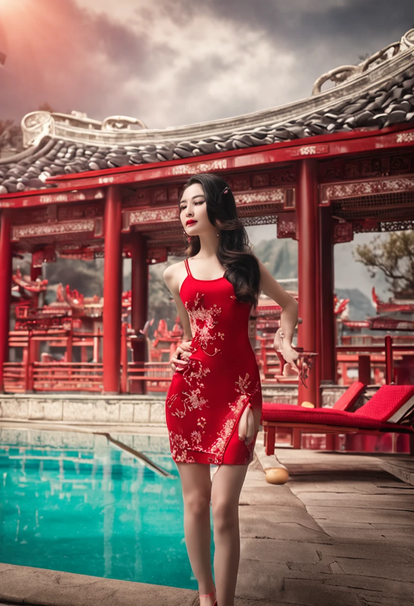 oriental girl,Pool,Red cheongsam swimsuit