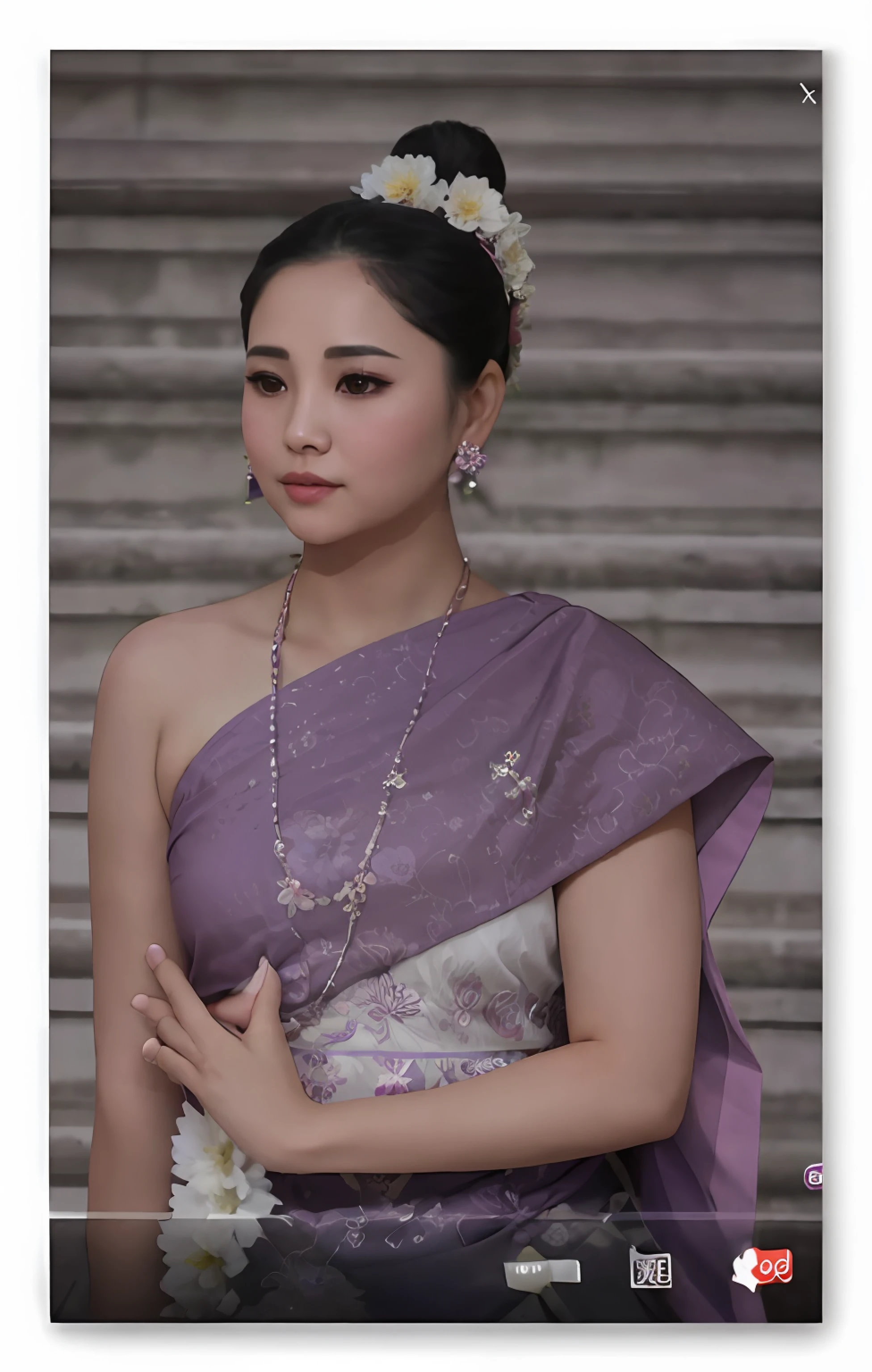 a close up of a woman in a purple dress with a dok champa flower in her hair, sukhothai costume, in style of thawan duchanee, nivanh chanthara, wearing toga, wearing pink floral chiton, wearing traditional garb, inspired by Lan Ying, traditional tai costume, traditional beauty, traditional dress, anime thai girl