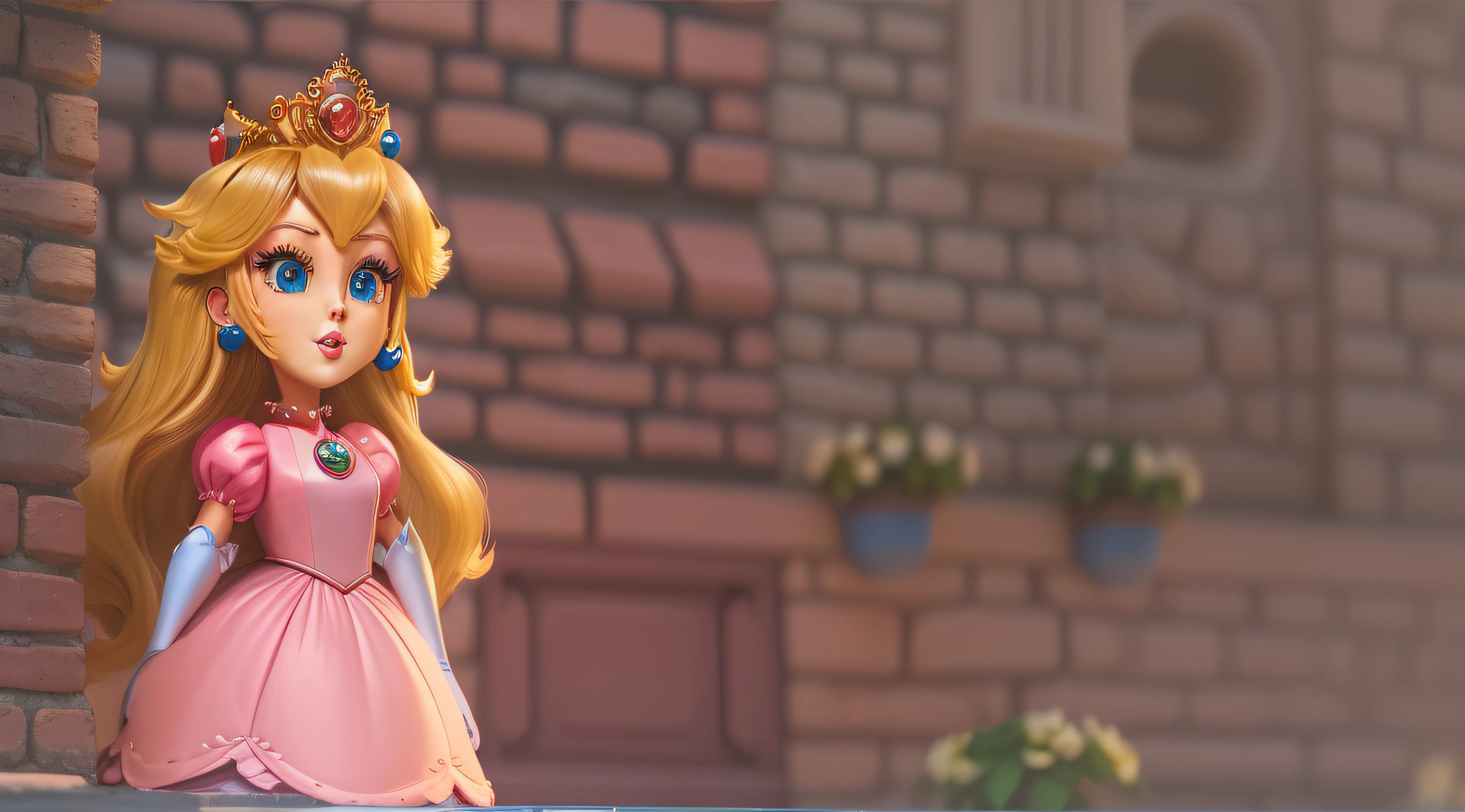 Princess Peach facing walking the streets of Belém do Pará, Cartoon, obra-prima, melhor qualidade, detalhado, soft dim lighting, adicionar_detalhe, realista, Altas, obra-prima, ligthing perfeito, flor, cinematic lighthing, adulto, pele perfeita, feminino, olhando para o espectador, retrato, Tiroteio de Cowboy, (RSEEmma:1.1), sorrir, :), cintura estreita, magro, (princesaPêssego), (Princess Peach), (vestido rosa:1.3), olhos detalhados, olhos azuis, sensual, grama, Cogumelos, reino dos Cogumelos, Terra de Mario, rose-tinted lips, ((bright lips)), pursing lips, pele brilhante, pele oleosa, luz bonita, (ver-through:1.1), (dia:1.3), brilhante