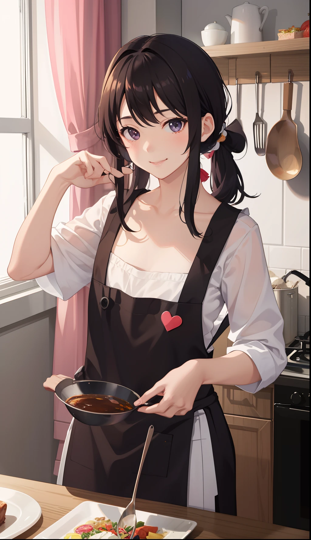 1girl in、A smile、Cooking in your room、barechested、Wearing only an apron、（（small tits））、