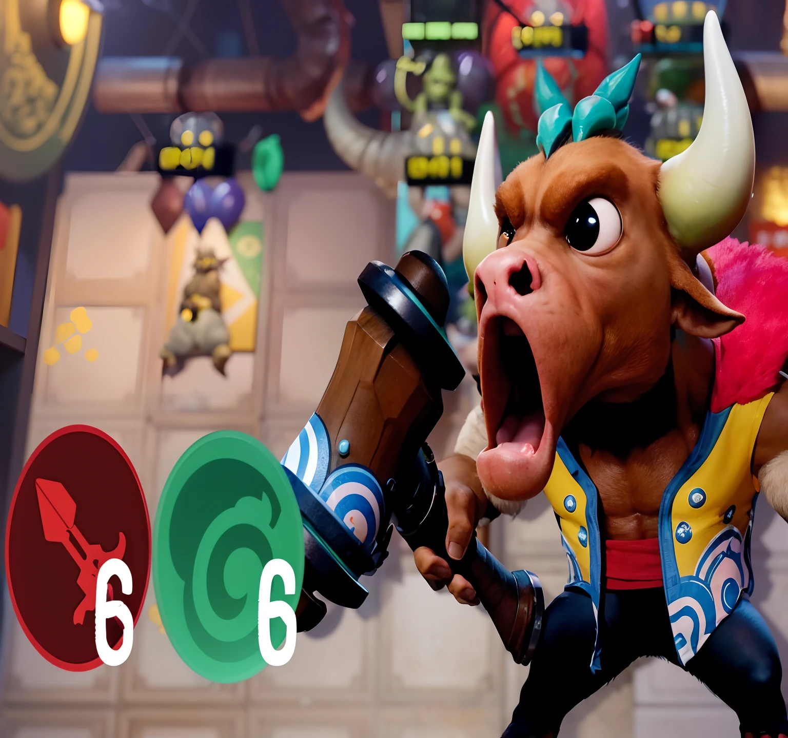 um close up de um touro com um martelo em um jogo, Captura de tela do videogame, atacando com machado, Tauren, dog - faced muscular goblin, Bloons TD 6 dardo macaco, Murloc tinyfin, holding huge mace, smoke billowing :6, Minotauro em armadura antiga, captura de tela do videogame, jogabilidade ainda, Minotauro Guerreiro, segurando uma flail gigante, HD
