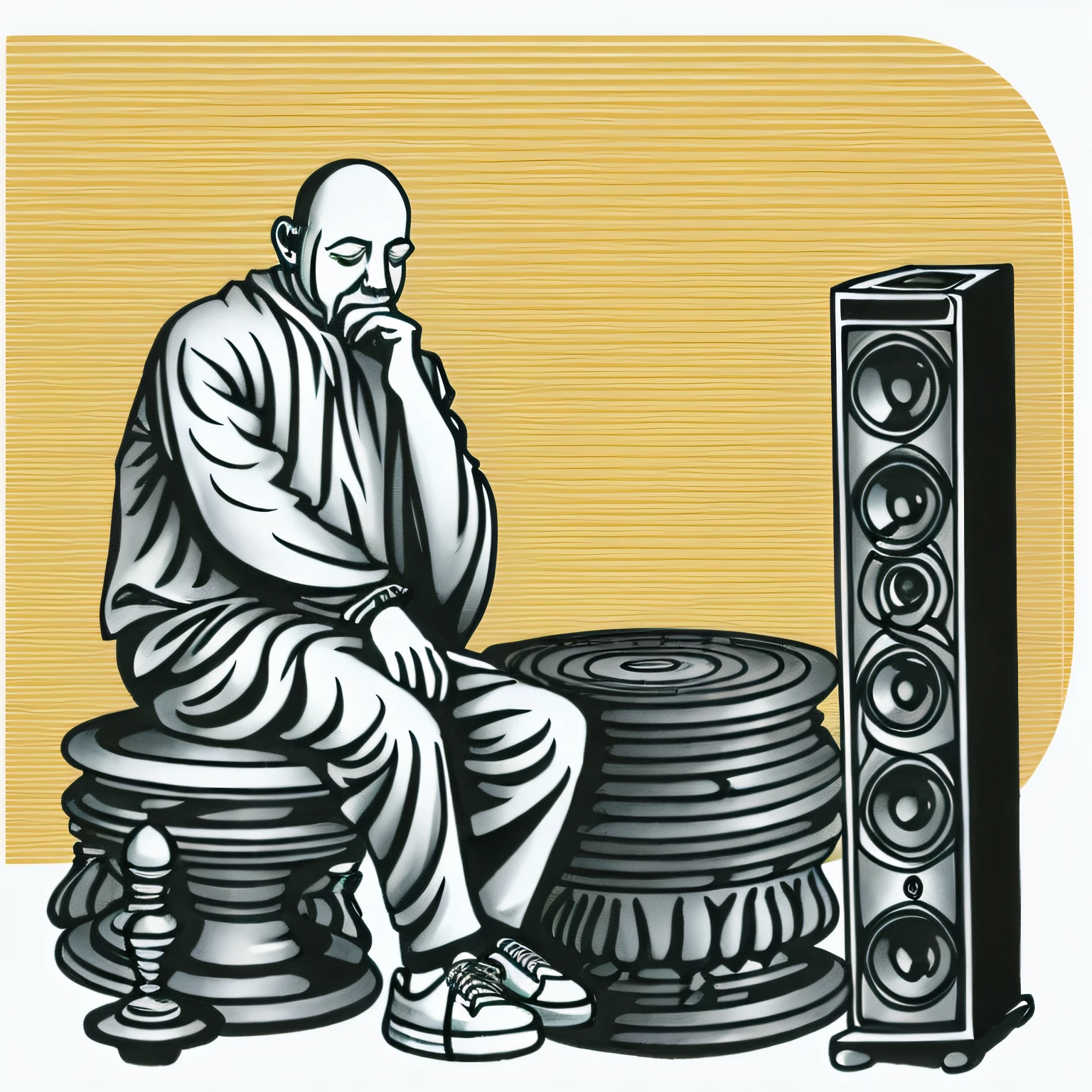 Create an illustration of a faceless man using black cloths and white sneakers in lotus position next to a white speaker