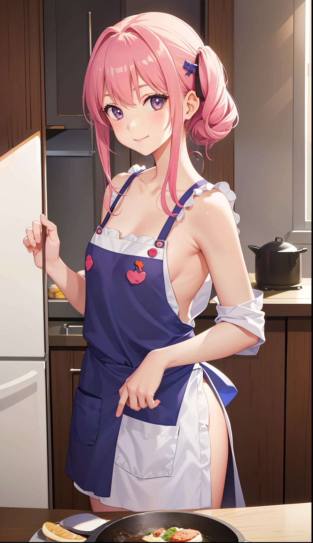 1girl in、A smile、Cooking in your room、barechested、Wearing only an apron、((small tits))、
